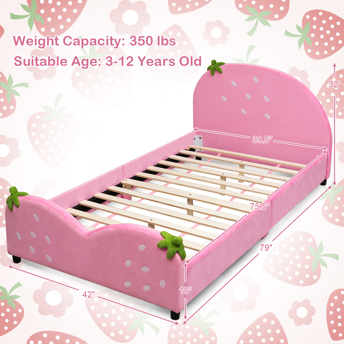 Pink Kids Bed Comfortable Children Bed Bedroom Furniture w/Berry Pattern - Picture 2 of 6