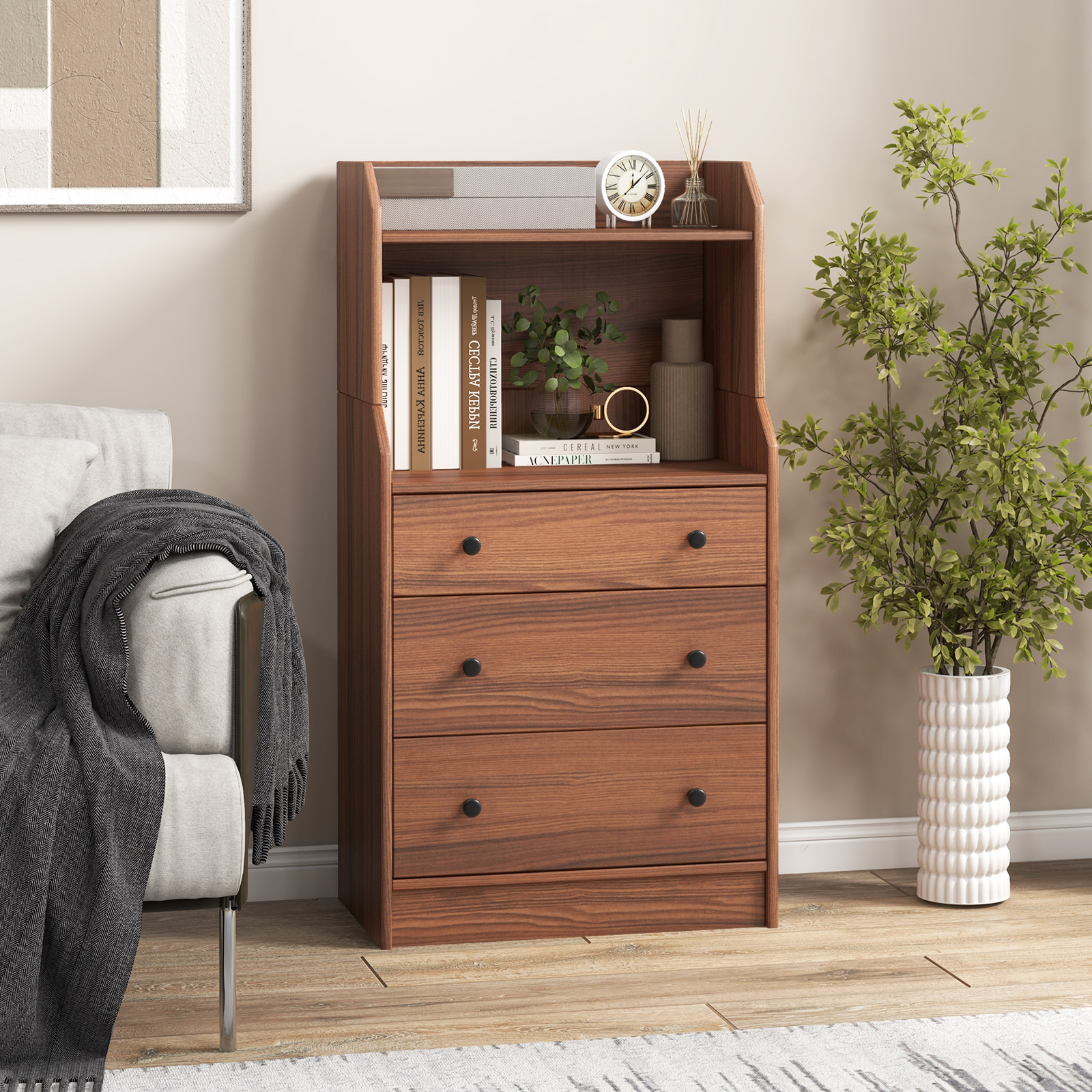 Giantex 3-Drawer Dresser Wood Utility Storage Organizer Chest w/ 2 Open Shelves - Picture 13 of 31