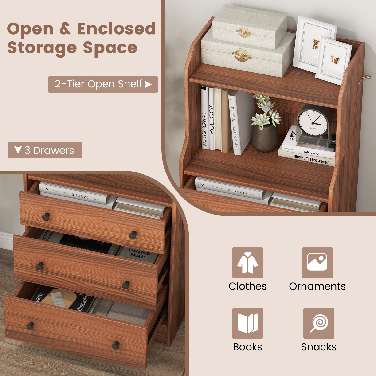 Giantex 3-Drawer Dresser Wood Utility Storage Organizer Chest w/ 2 Open Shelves - Picture 14 of 31