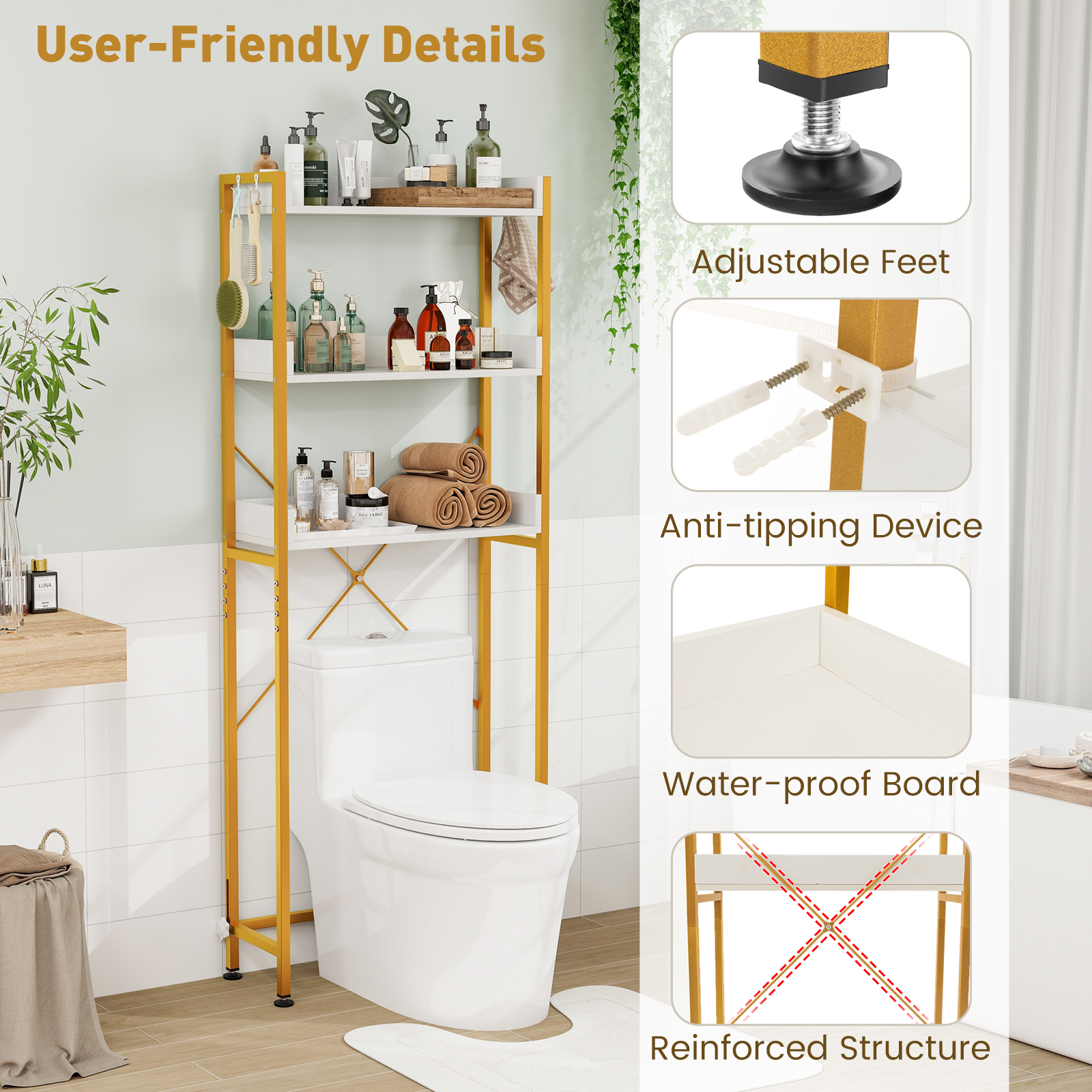 3-stufiges Badregal Metallrahmen über der Toilette Aufbewahrungsregal mit 4 Haken - Bild 10 von 10