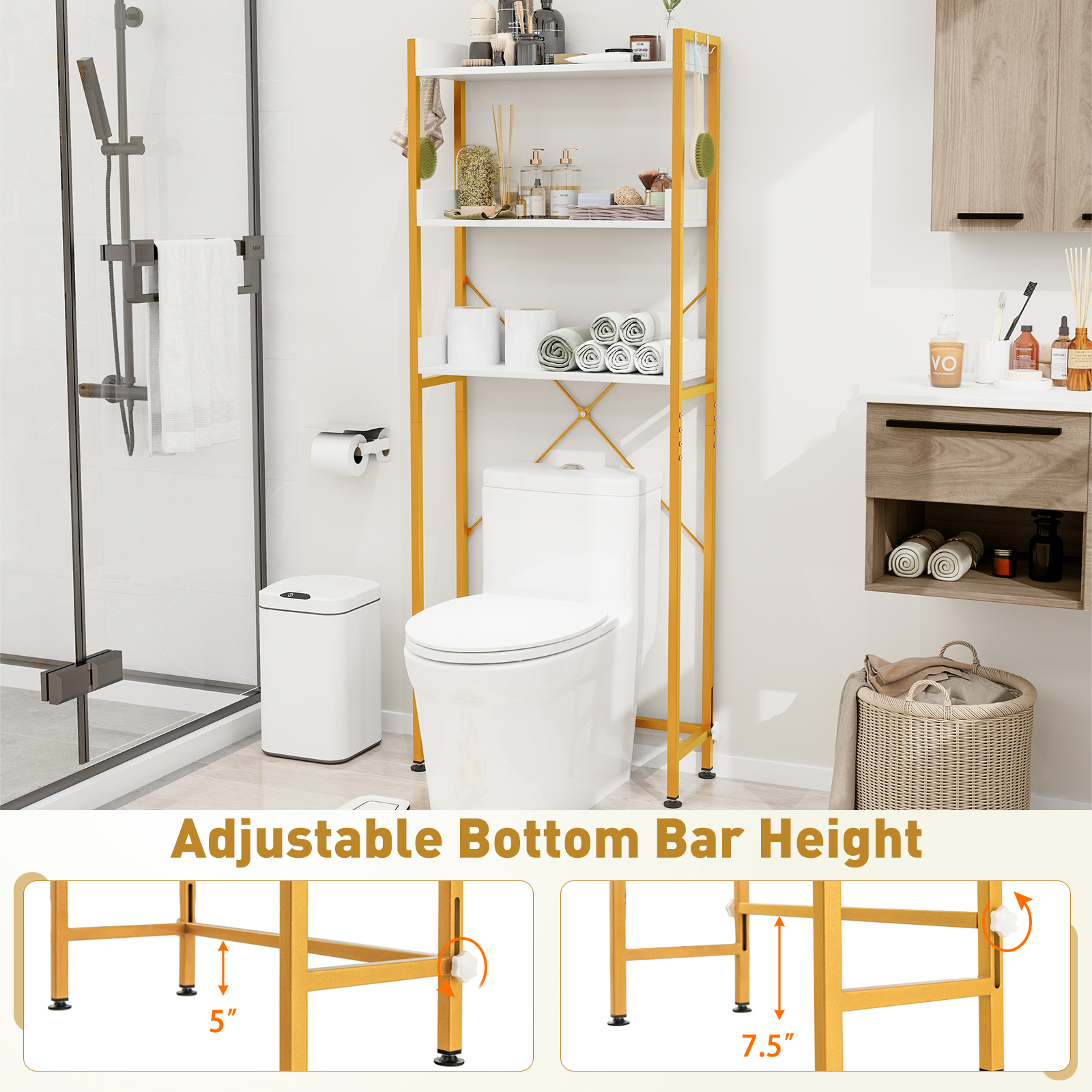 3-stufiges Badregal Metallrahmen über der Toilette Aufbewahrungsregal mit 4 Haken - Bild 8 von 10