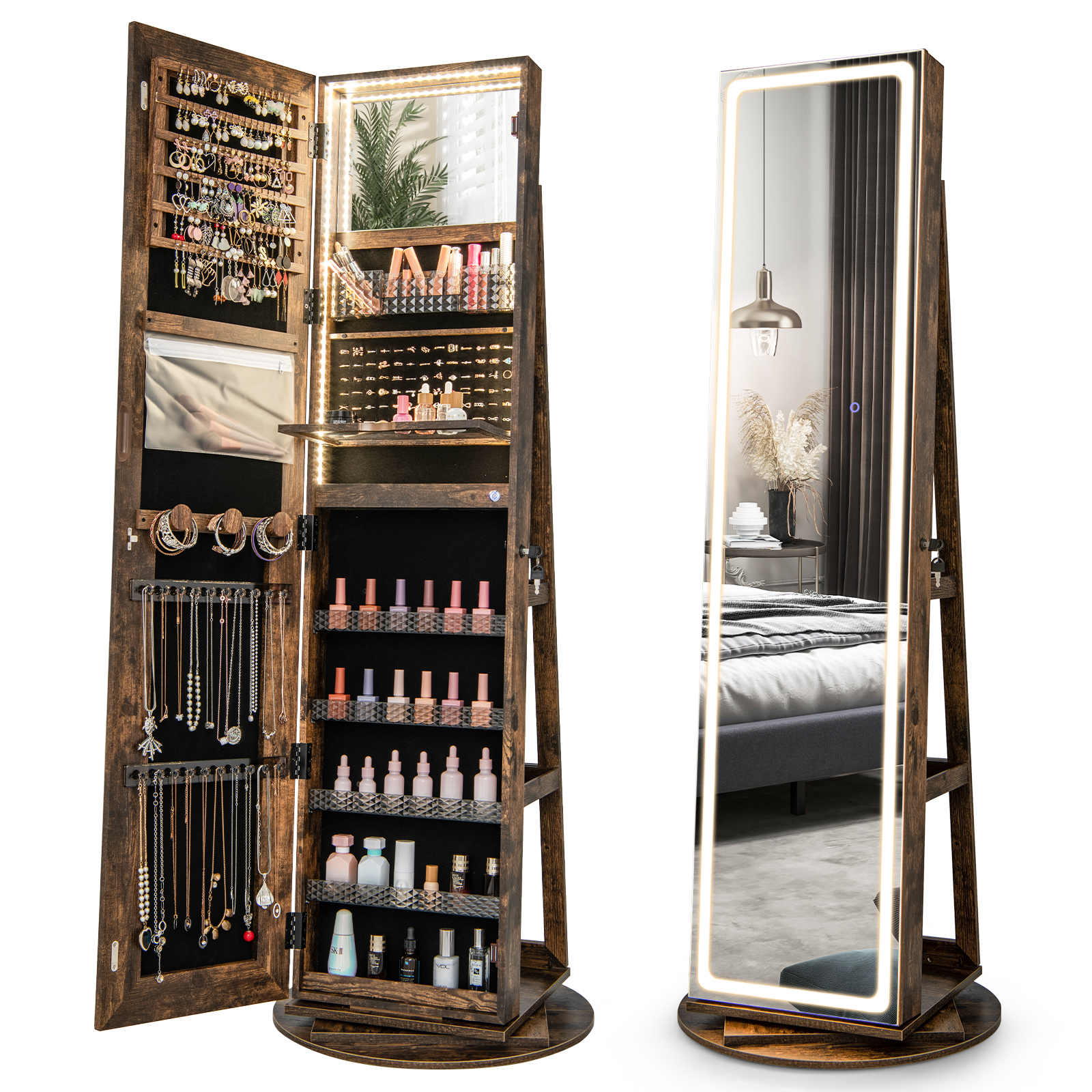 360° Swivel Jewelry Cabinet Organizer 3-Color LED Mirror w/ Built-in Lights - Picture 11 of 20