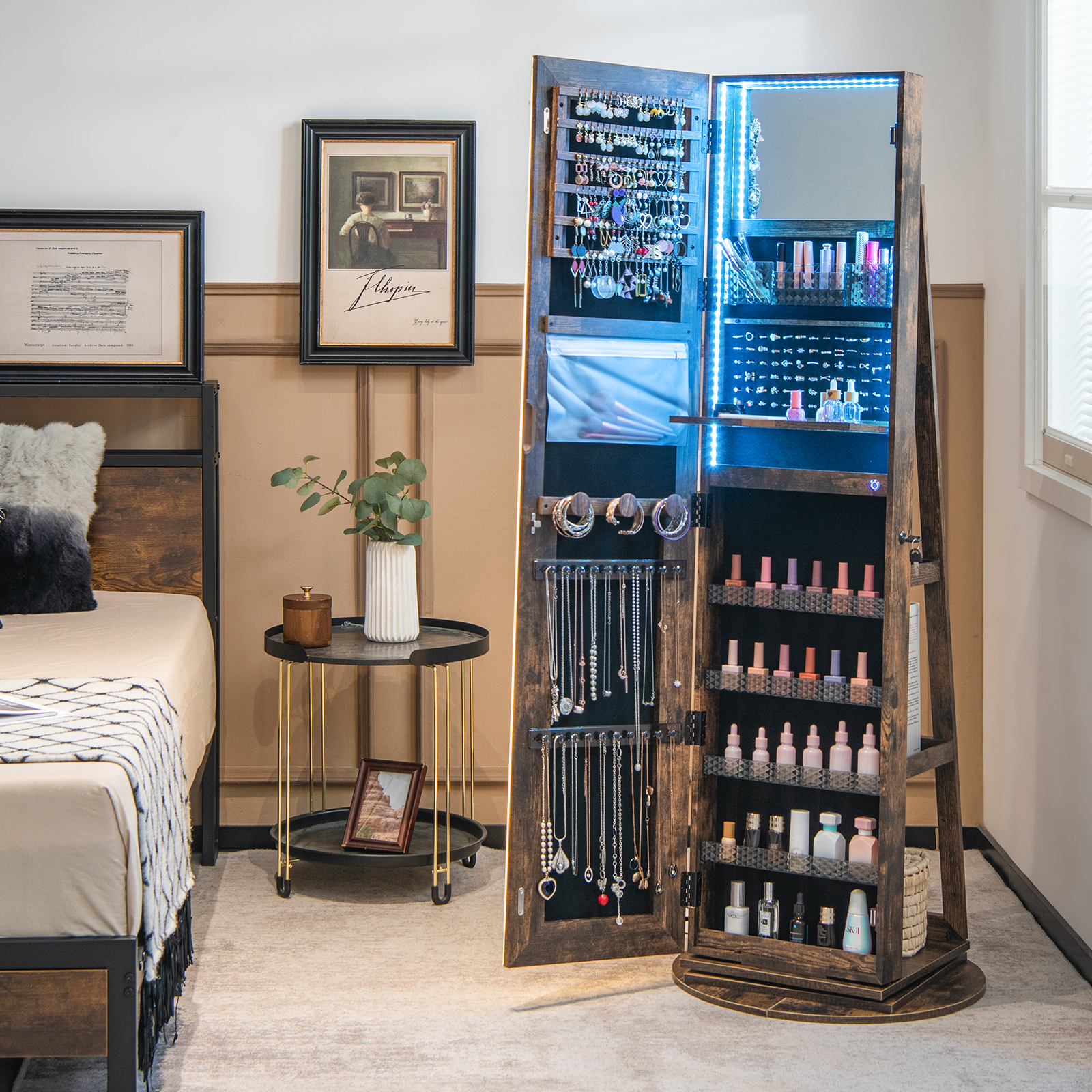 360° Swivel Jewelry Cabinet Organizer 3-Color LED Mirror w/ Built-in Lights - Picture 13 of 20