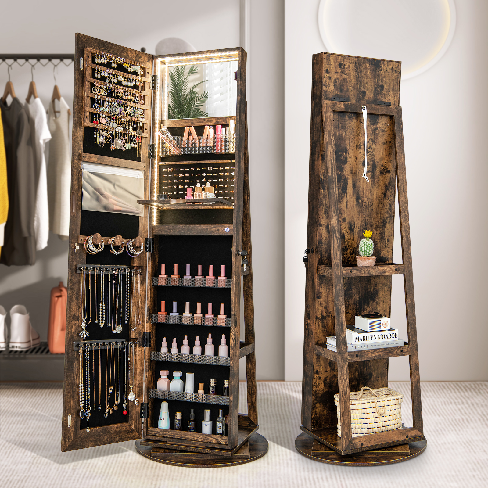360° Swivel Jewelry Cabinet Organizer 3-Color LED Mirror w/ Built-in Lights - Picture 14 of 20