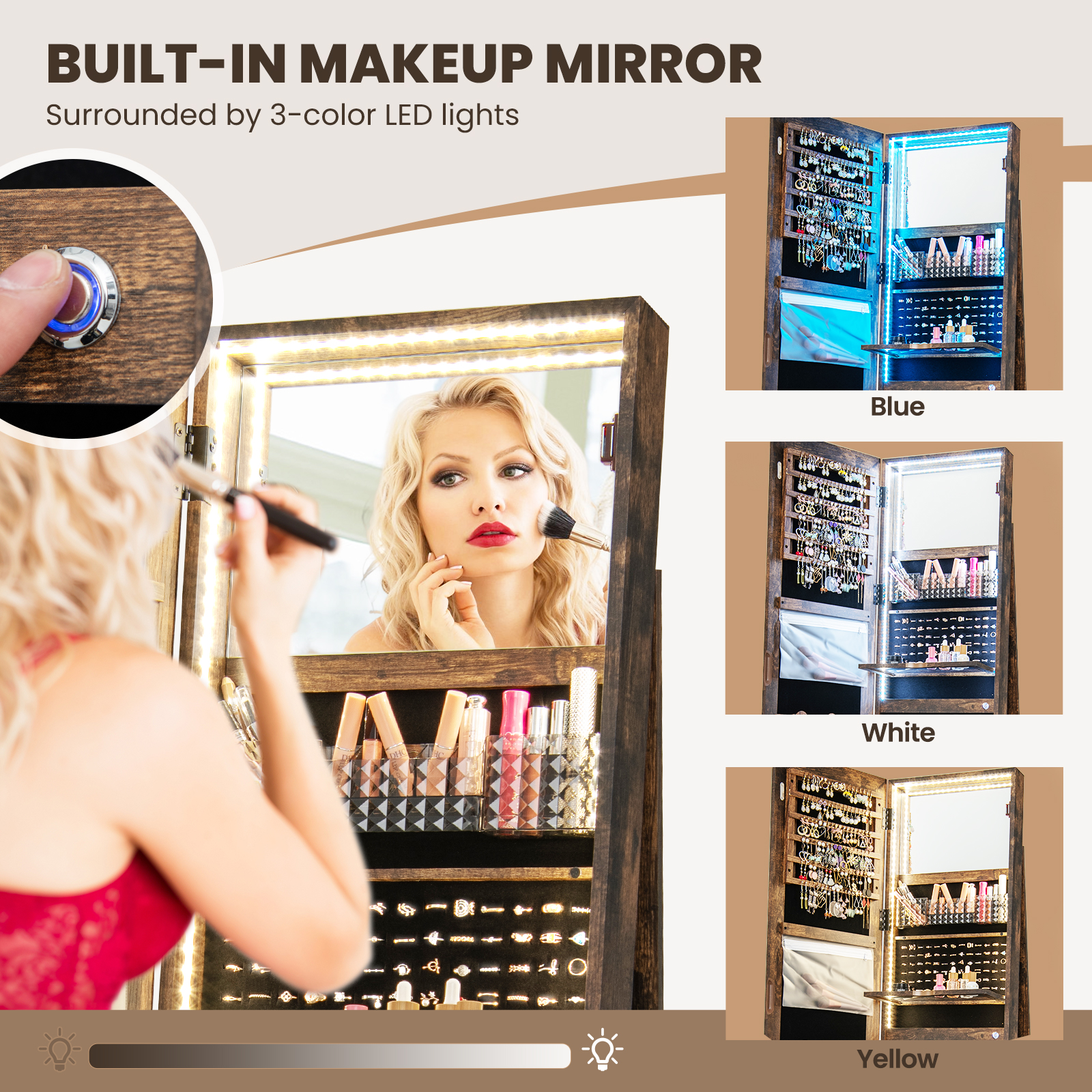 360° Swivel Jewelry Cabinet Organizer 3-Color LED Mirror w/ Built-in Lights - Picture 16 of 20