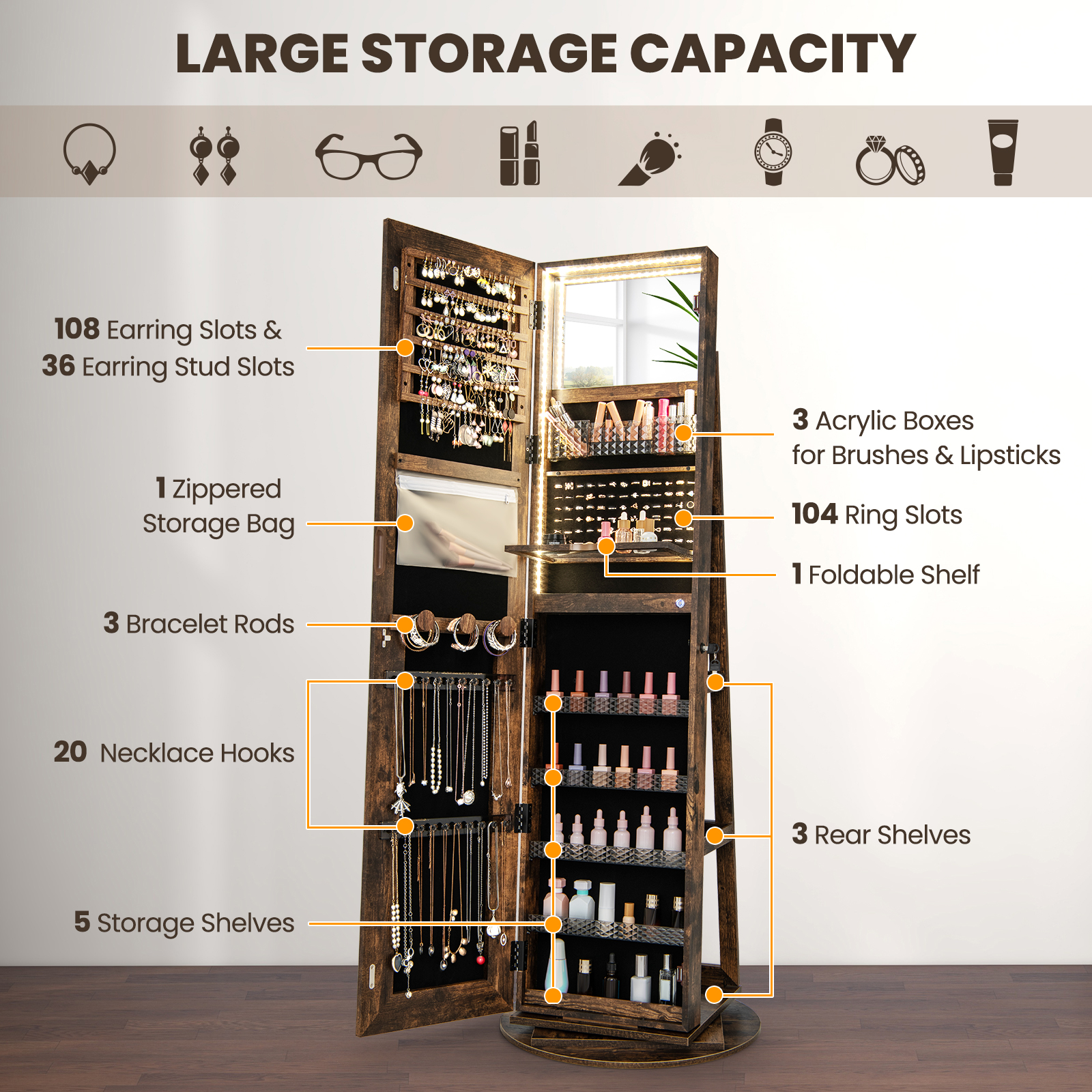 360° Swivel Jewelry Cabinet Organizer 3-Color LED Mirror w/ Built-in Lights - Picture 18 of 20
