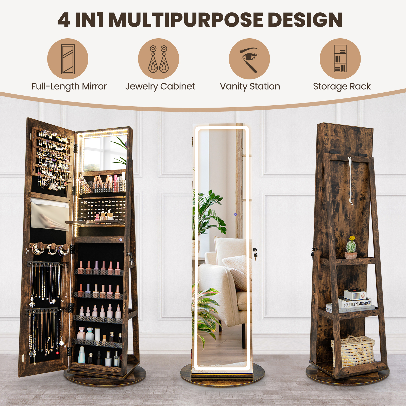 360° Swivel Jewelry Cabinet Organizer 3-Color LED Mirror w/ Built-in Lights - Picture 19 of 20