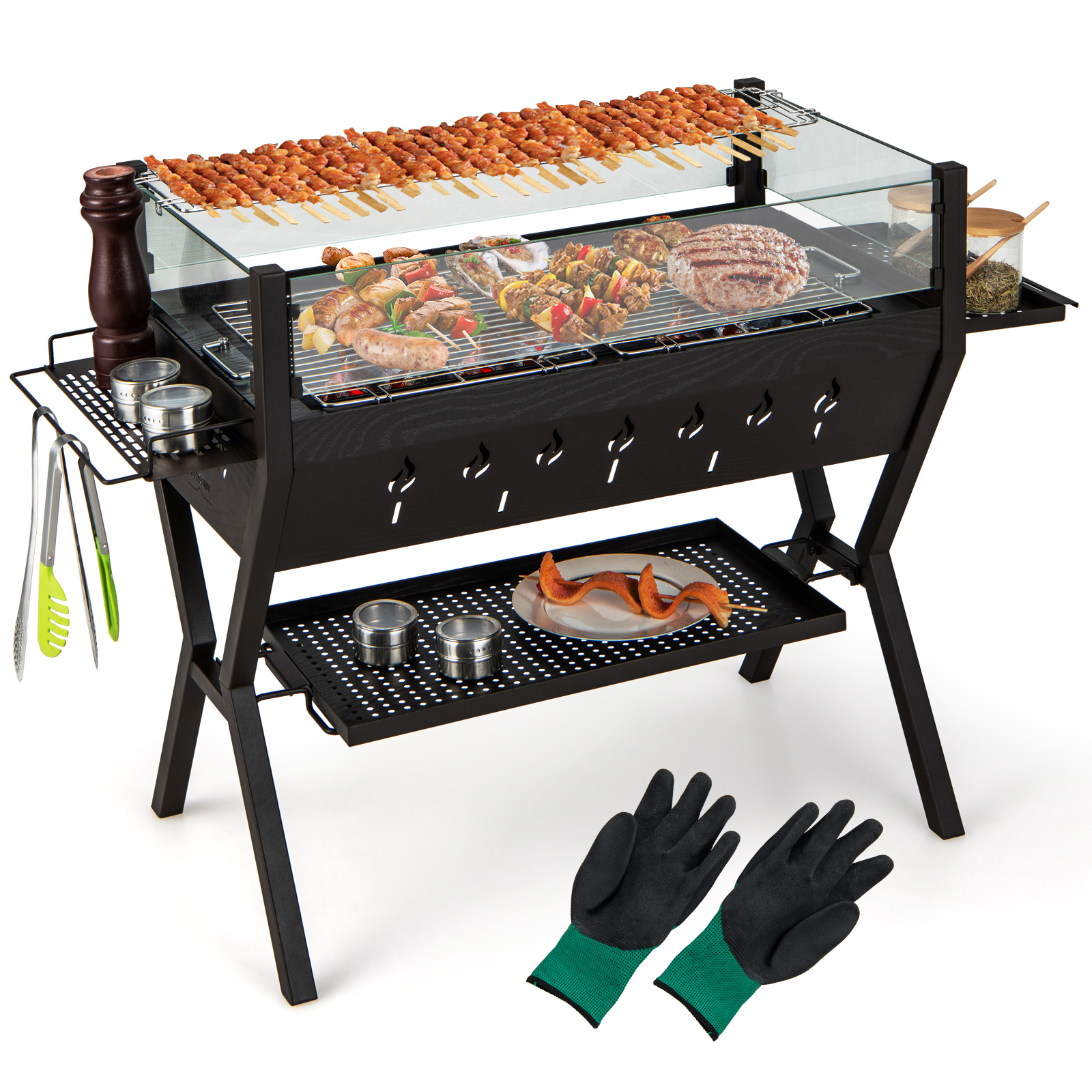 Stainless Steel Barbecue Charcoal Grills with Seasoning Racks & Storage Shelf