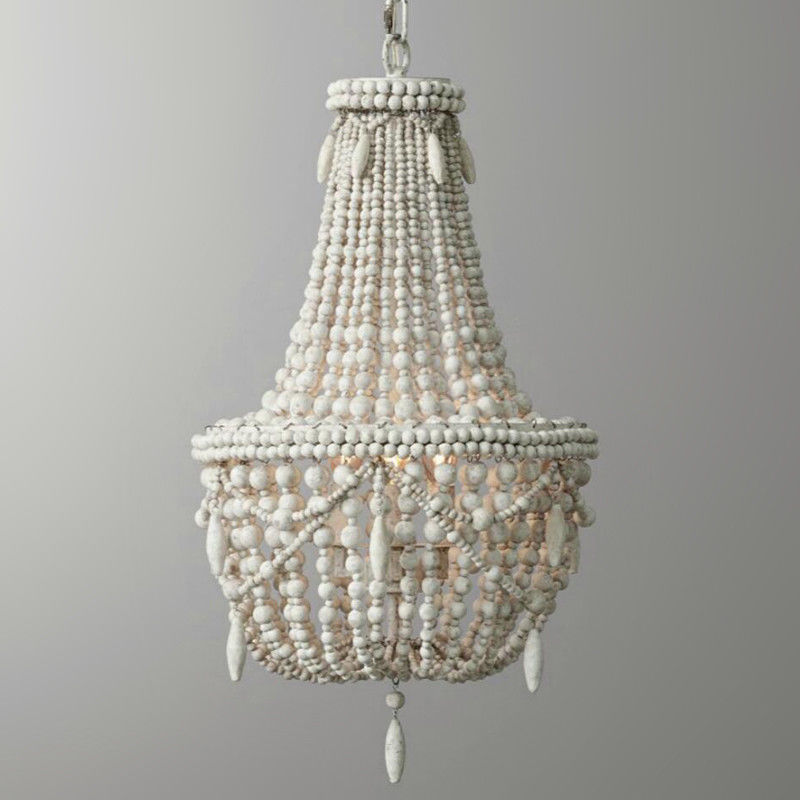 Details About Farmhouse Antique White Chandelier Wood Beaded Basket Hanging Pendant Lighting