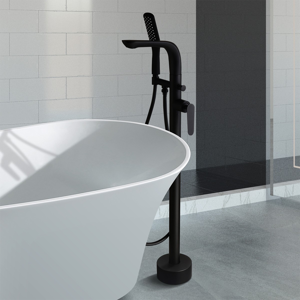 Matte Black Free Standing Tub Filler Faucet Handheld Set Floor