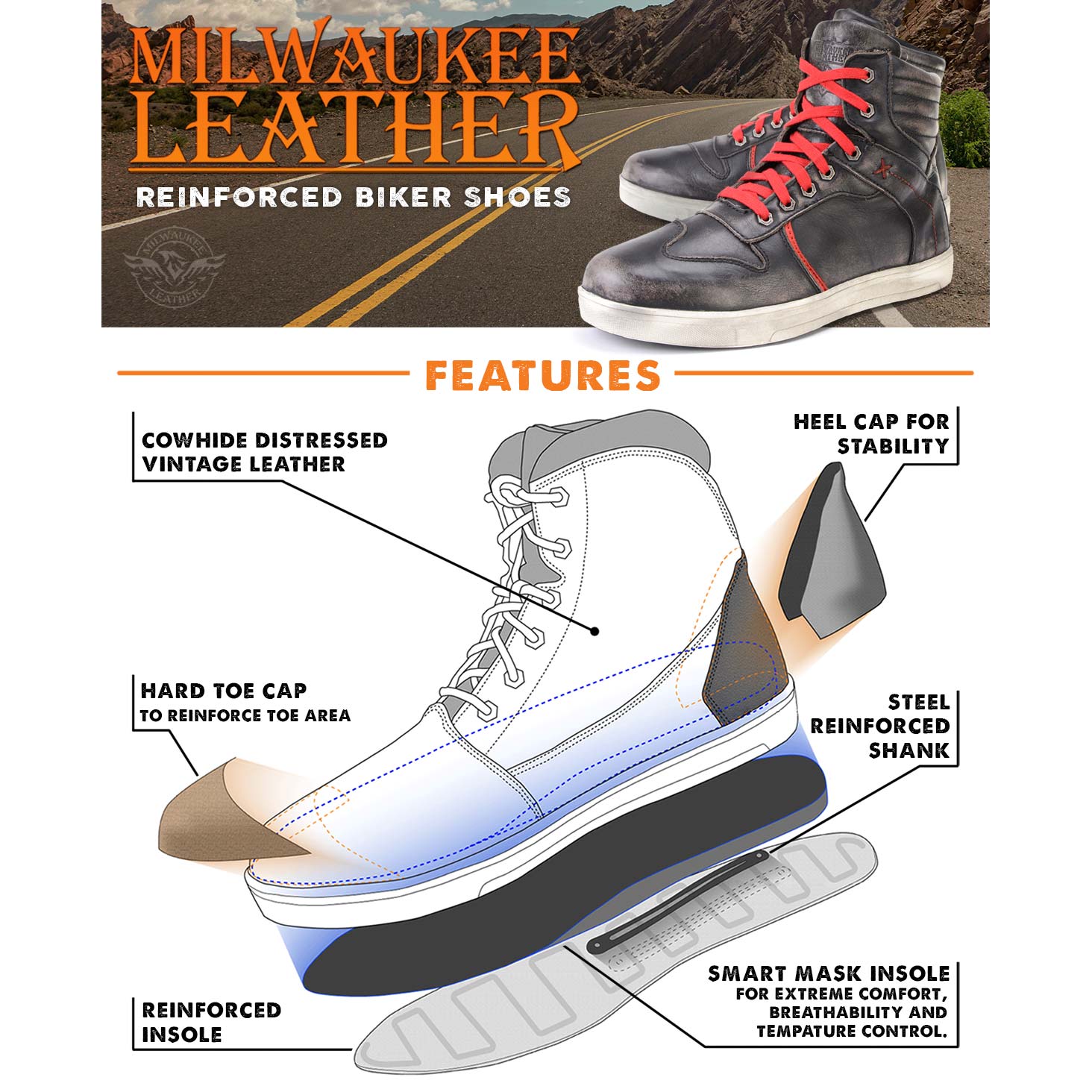 Zapatos informales para montar Milwaukee de cuero reforzados para motociclista callejero para hombre - Imagen 14 de 84