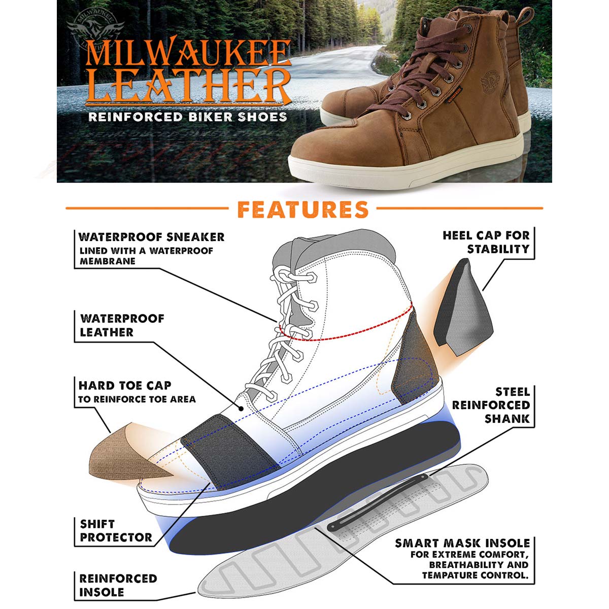 Zapatos informales para montar Milwaukee de cuero reforzados para motociclista callejero para hombre - Imagen 38 de 84