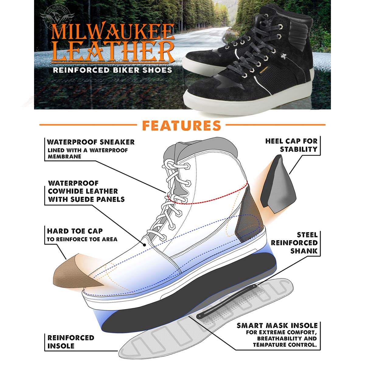 Zapatos informales para montar Milwaukee de cuero reforzados para motociclista callejero para hombre - Imagen 62 de 84