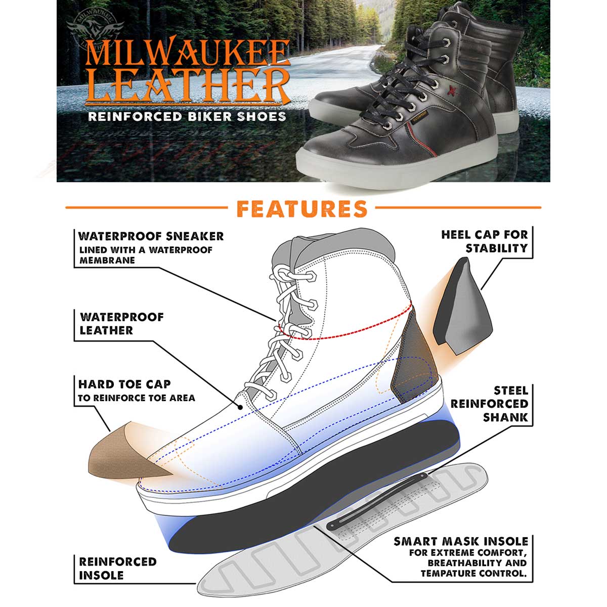 Zapatos informales para montar Milwaukee de cuero reforzados para motociclista callejero para hombre - Imagen 74 de 84