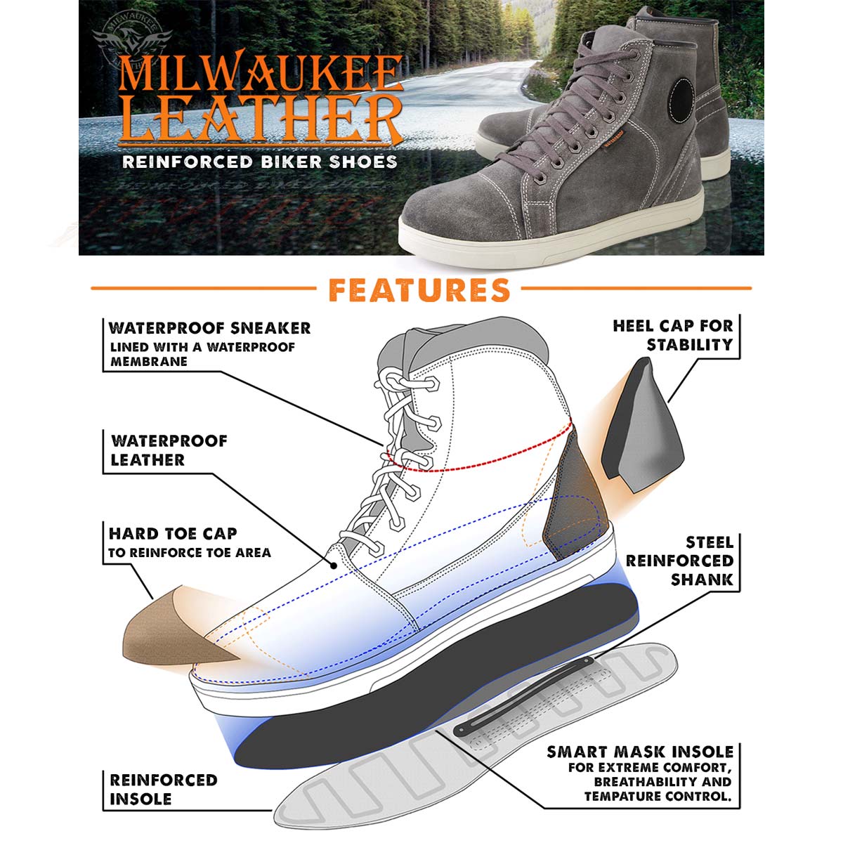 Zapatos informales para montar Milwaukee de cuero reforzados para motociclista callejero para hombre - Imagen 26 de 84