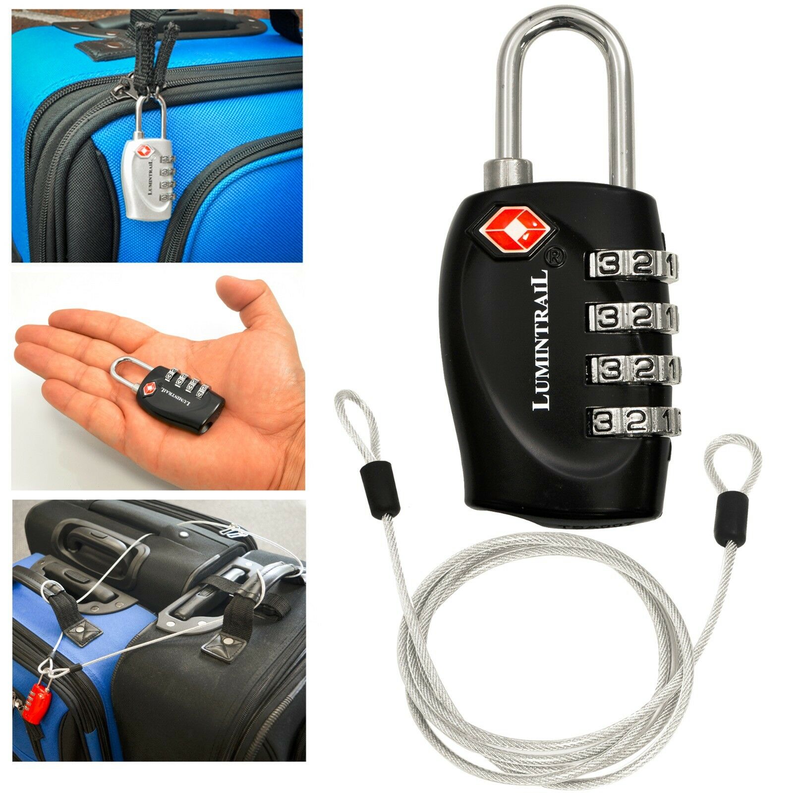 TSA Compatible Travel Luggage Lock 4 Dial Combination with 4 ft Steel