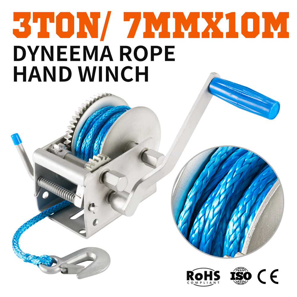 3Tons 3Speed Recovery Hand Winch 10M x 7MM Dyneema Synthetic Rope Boat