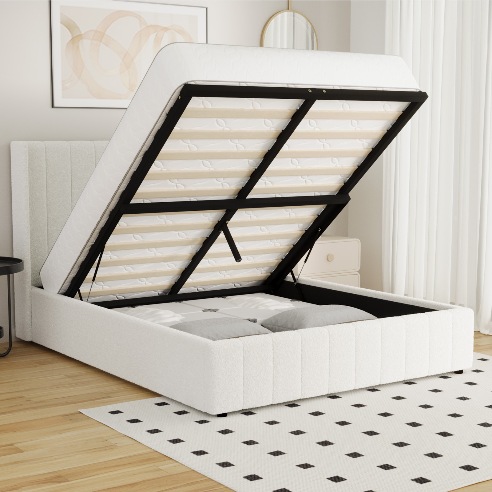 Oikiture Bed Frame Queen Double King Single Gas Lift Base with Storage Boucle - Picture 13 of 35