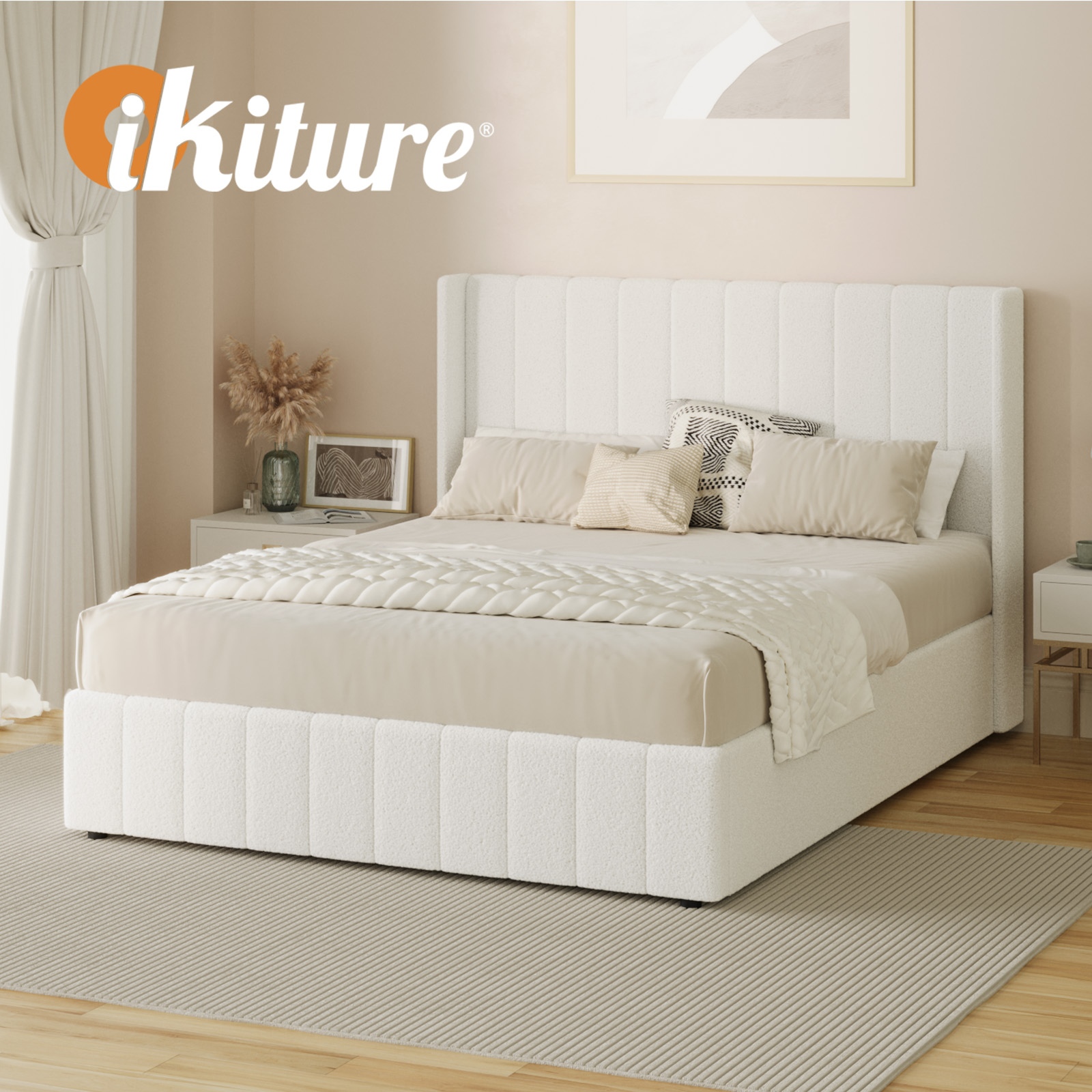 Oikiture Bed Frame Queen Double King Single Gas Lift Base with Storage Boucle - Picture 22 of 35