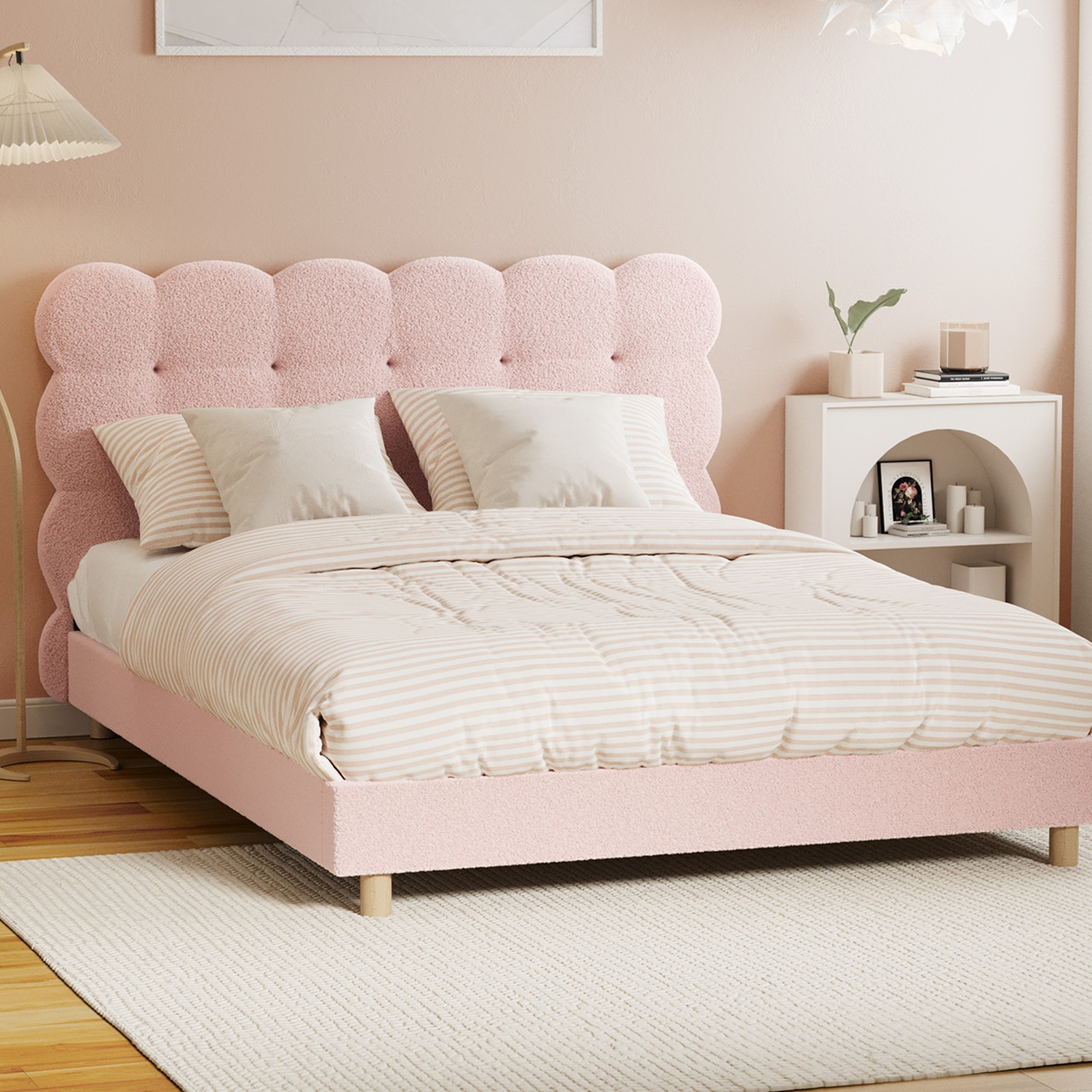 Oikiture Bed Frame Queen Double King Single Tufted Bedhead Boucle Fabric Pink - Picture 9 of 40