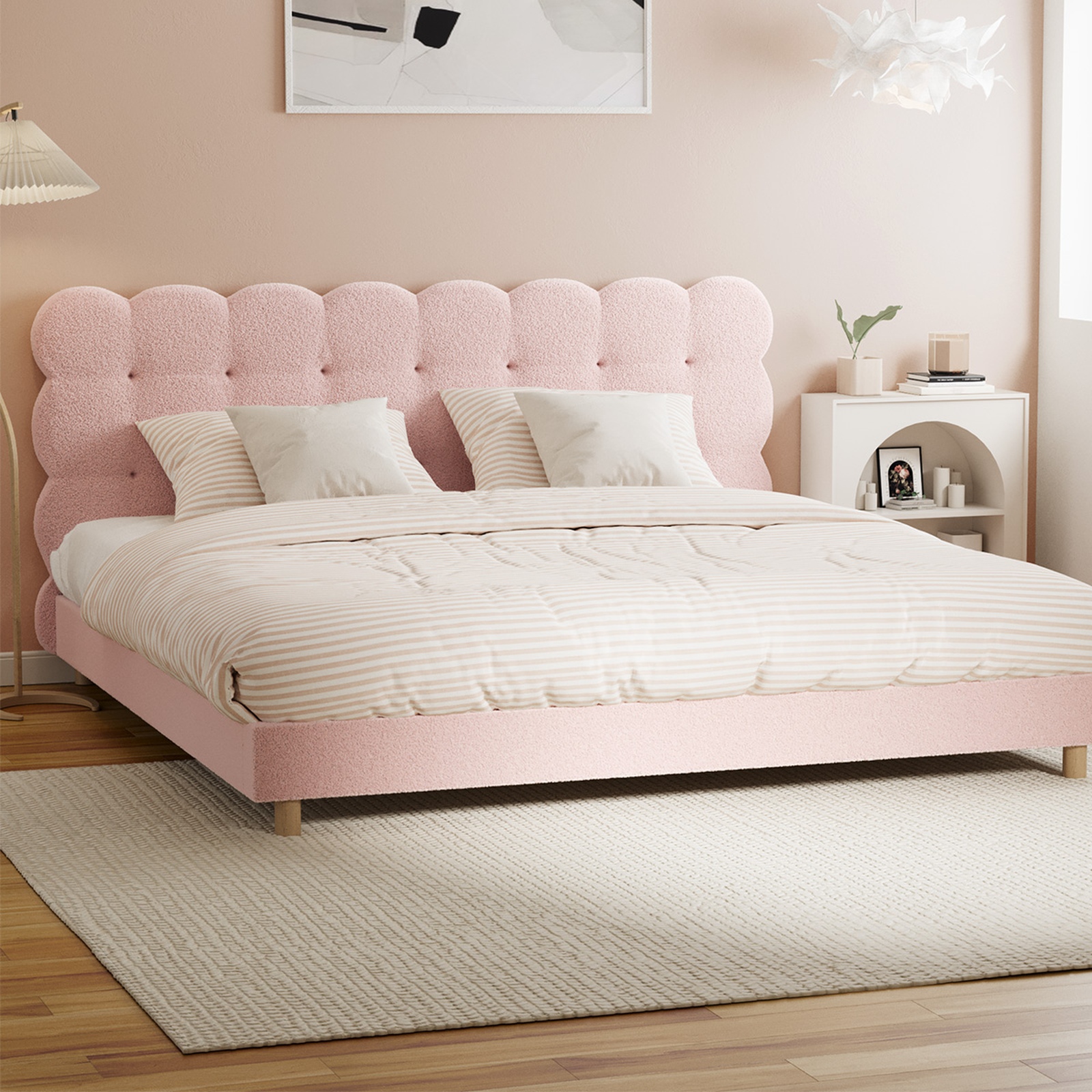 Oikiture Bed Frame Queen Double King Single Tufted Bedhead Boucle Fabric Pink - Picture 15 of 40