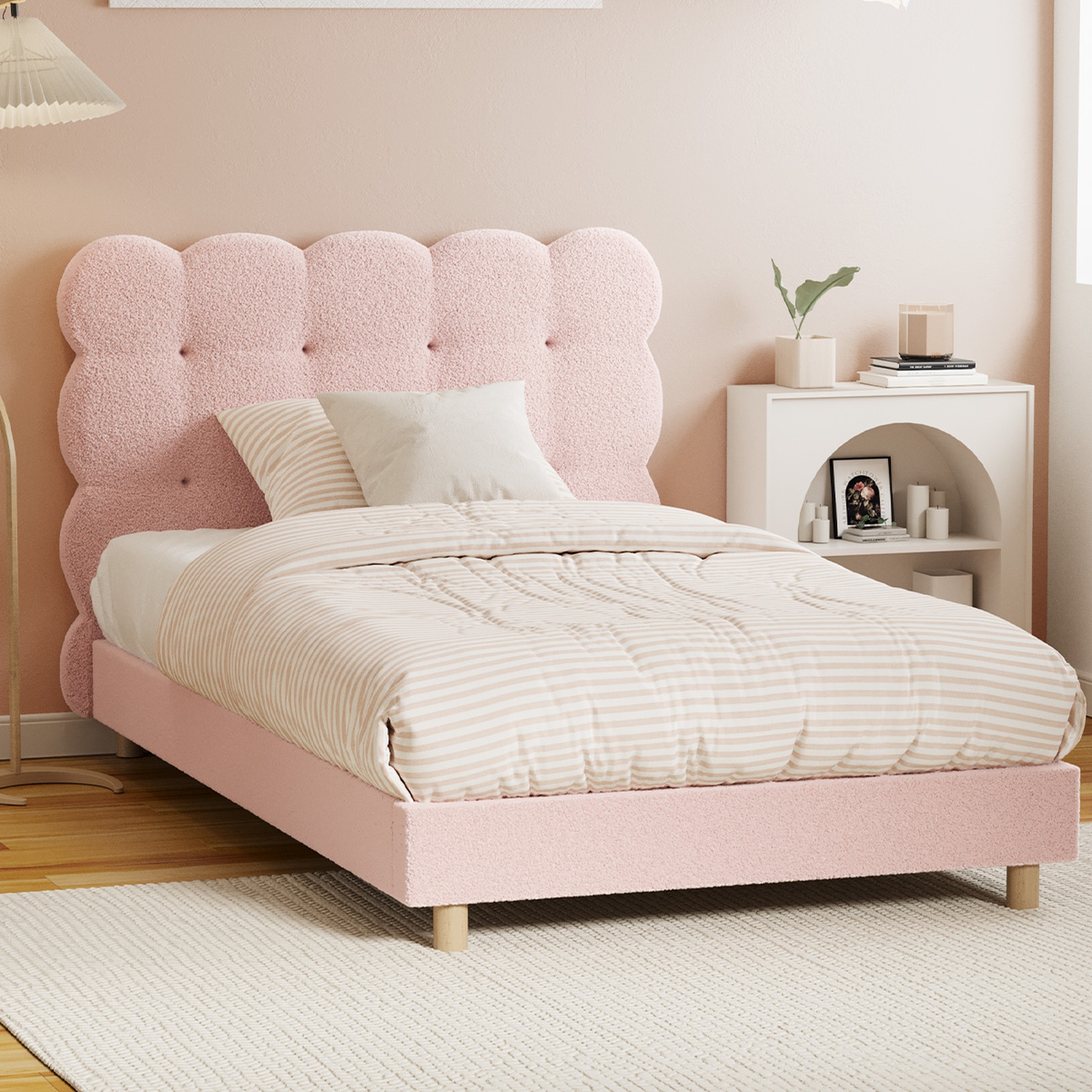 Oikiture Bed Frame Queen Double King Single Tufted Bedhead Boucle Fabric Pink - Picture 22 of 40