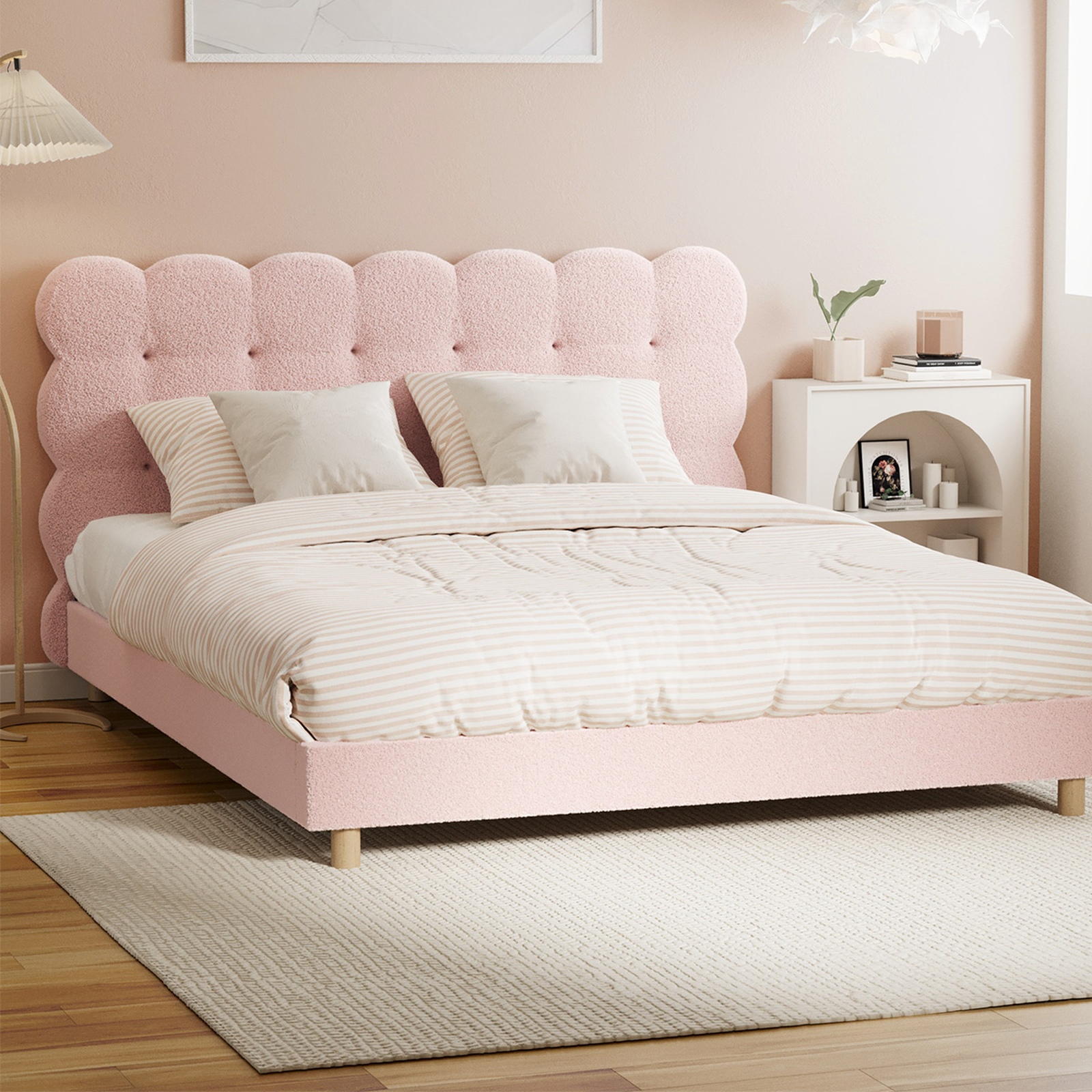 Oikiture Bed Frame Queen Double King Single Tufted Bedhead Boucle Fabric Pink - Picture 28 of 40