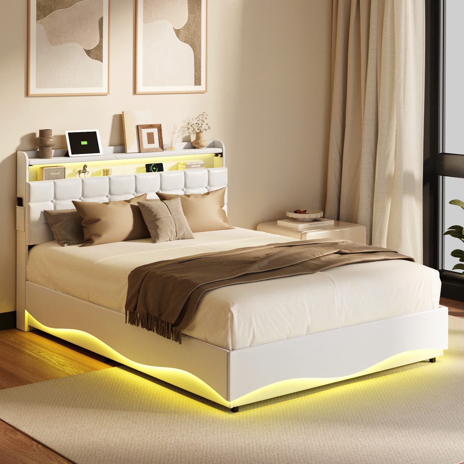 Oikiture Bed Frame Queen Double LED Gas Lift Storage Headboard USB Charging