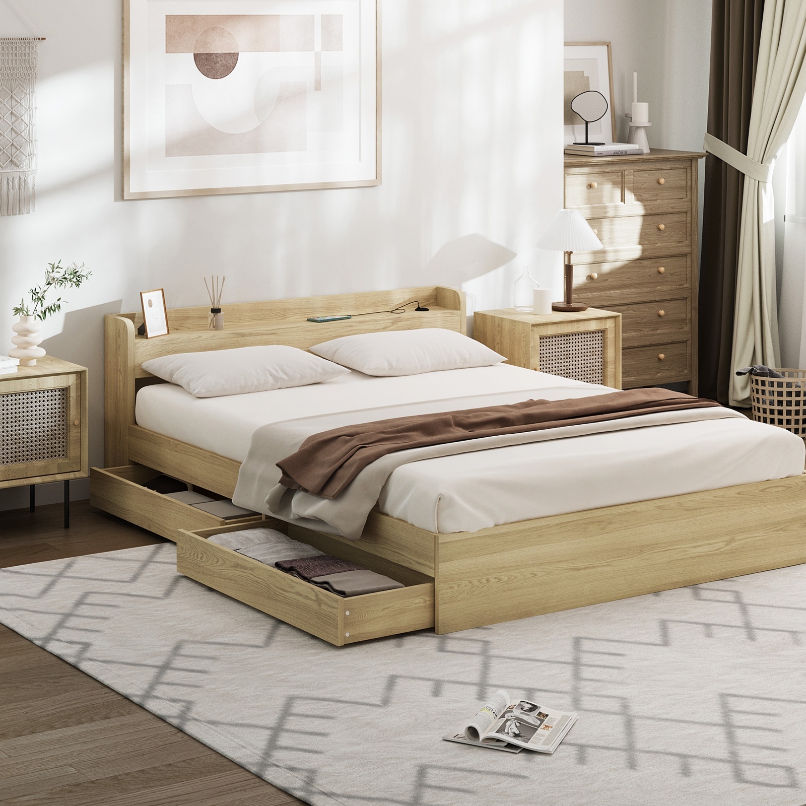 Oikiture Bed Frame Queen Double King Single Size with Charging Ports 2 Drawers - Picture 11 of 46