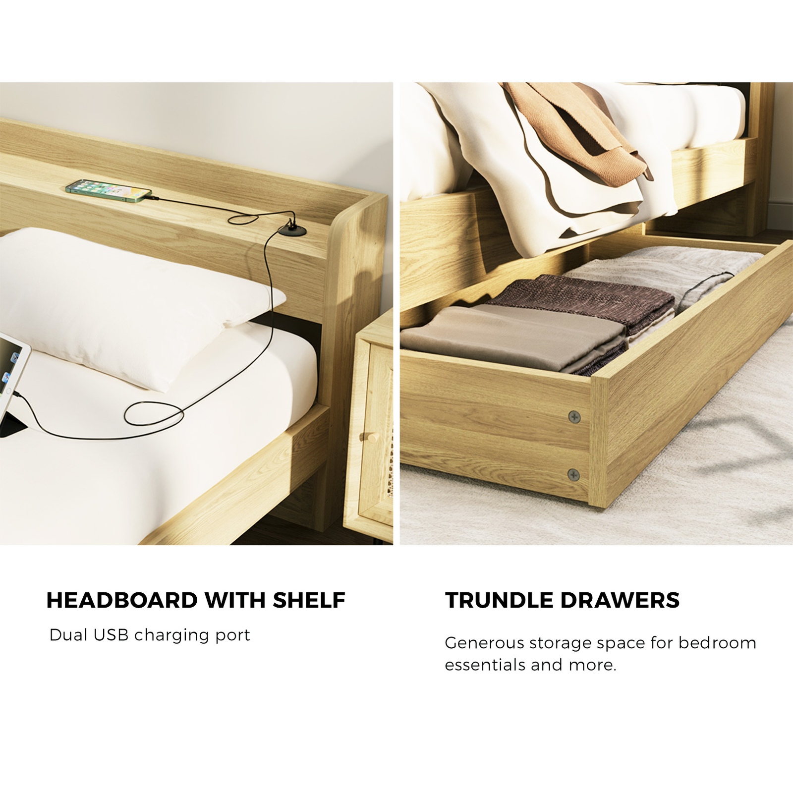 Oikiture Bed Frame Queen Double King Single Size with Charging Ports 2 Drawers - Picture 13 of 46