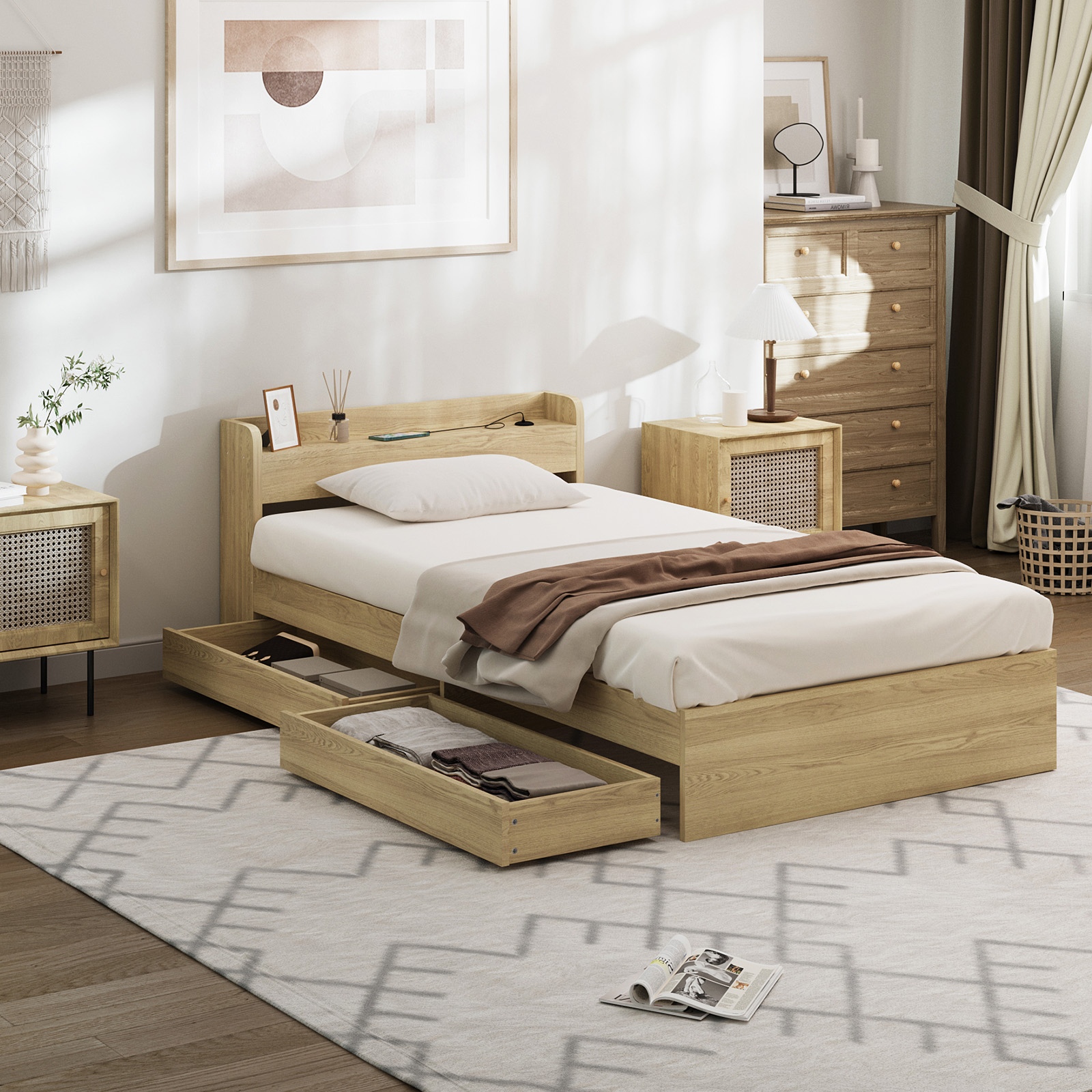 Oikiture Bed Frame Queen Double King Single Size with Charging Ports 2 Drawers - Picture 20 of 46