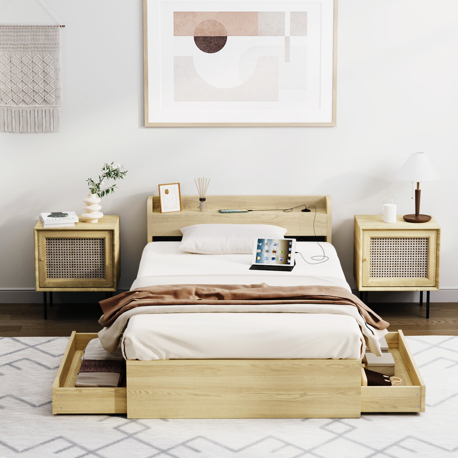 Oikiture Bed Frame Queen Double King Single Size with Charging Ports 2 Drawers - Picture 21 of 46