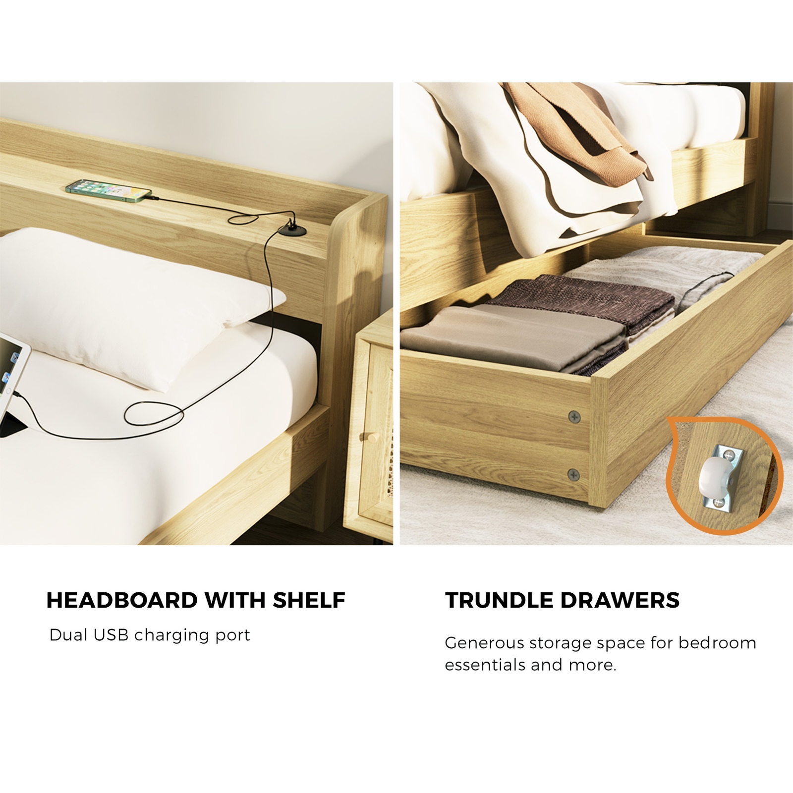 Oikiture Bed Frame Queen Double King Single Size with Charging Ports 2 Drawers - Picture 22 of 46