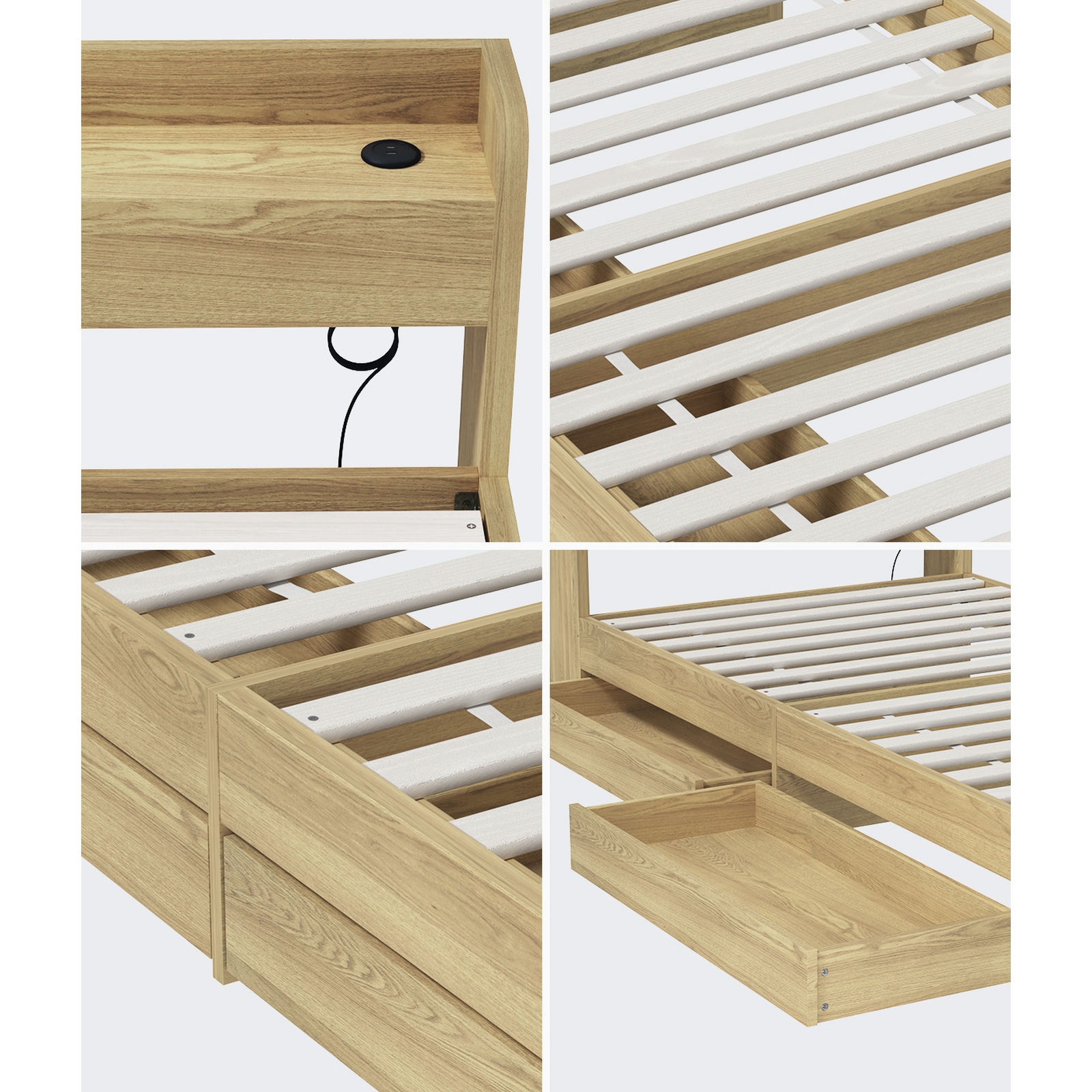 Oikiture Bed Frame Queen Double King Single Size with Charging Ports 2 Drawers - Picture 23 of 46