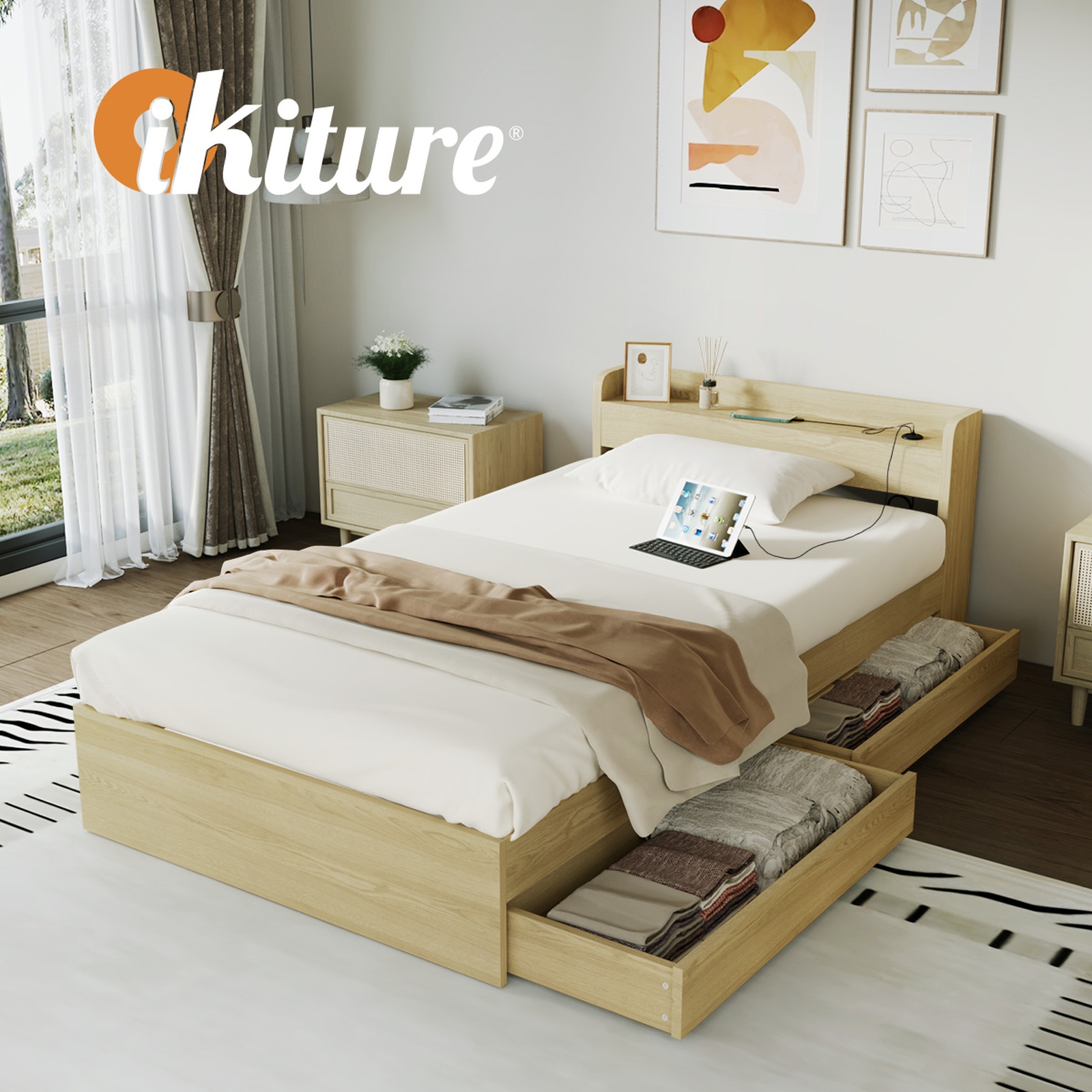 Oikiture Bed Frame Queen Double King Single Size with Charging Ports 2 Drawers - Picture 24 of 46