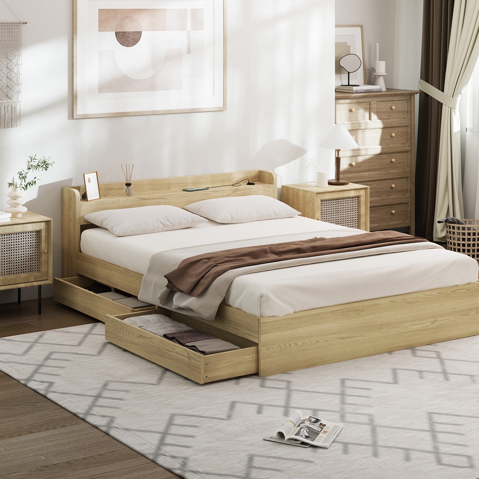 Oikiture Bed Frame Queen Double King Single Size with Charging Ports 2 Drawers - Picture 29 of 46