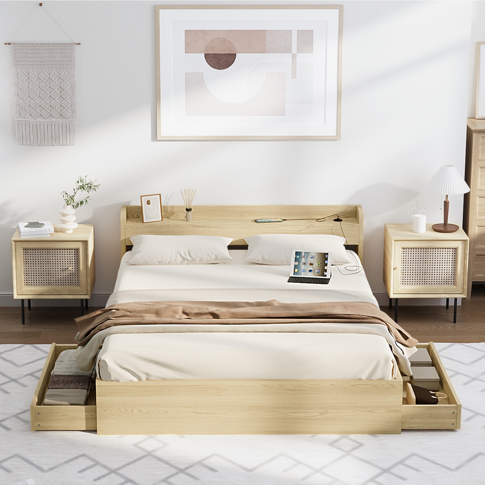 Oikiture Bed Frame Queen Double King Single Size with Charging Ports 2 Drawers - Picture 30 of 46