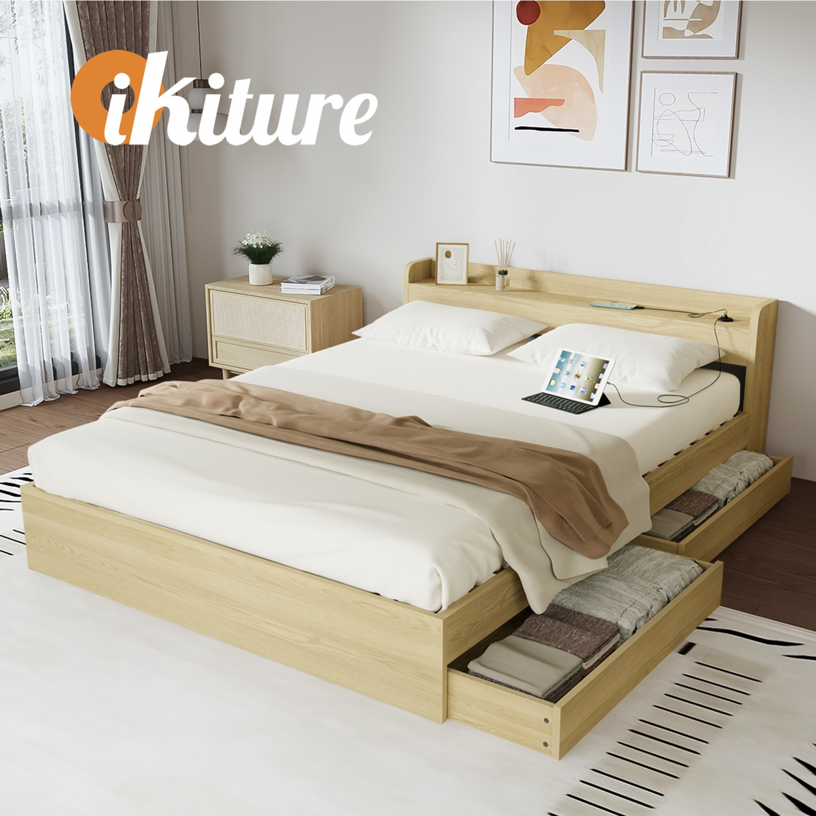 Oikiture Bed Frame Queen Double King Single Size with Charging Ports 2 Drawers - Picture 33 of 46