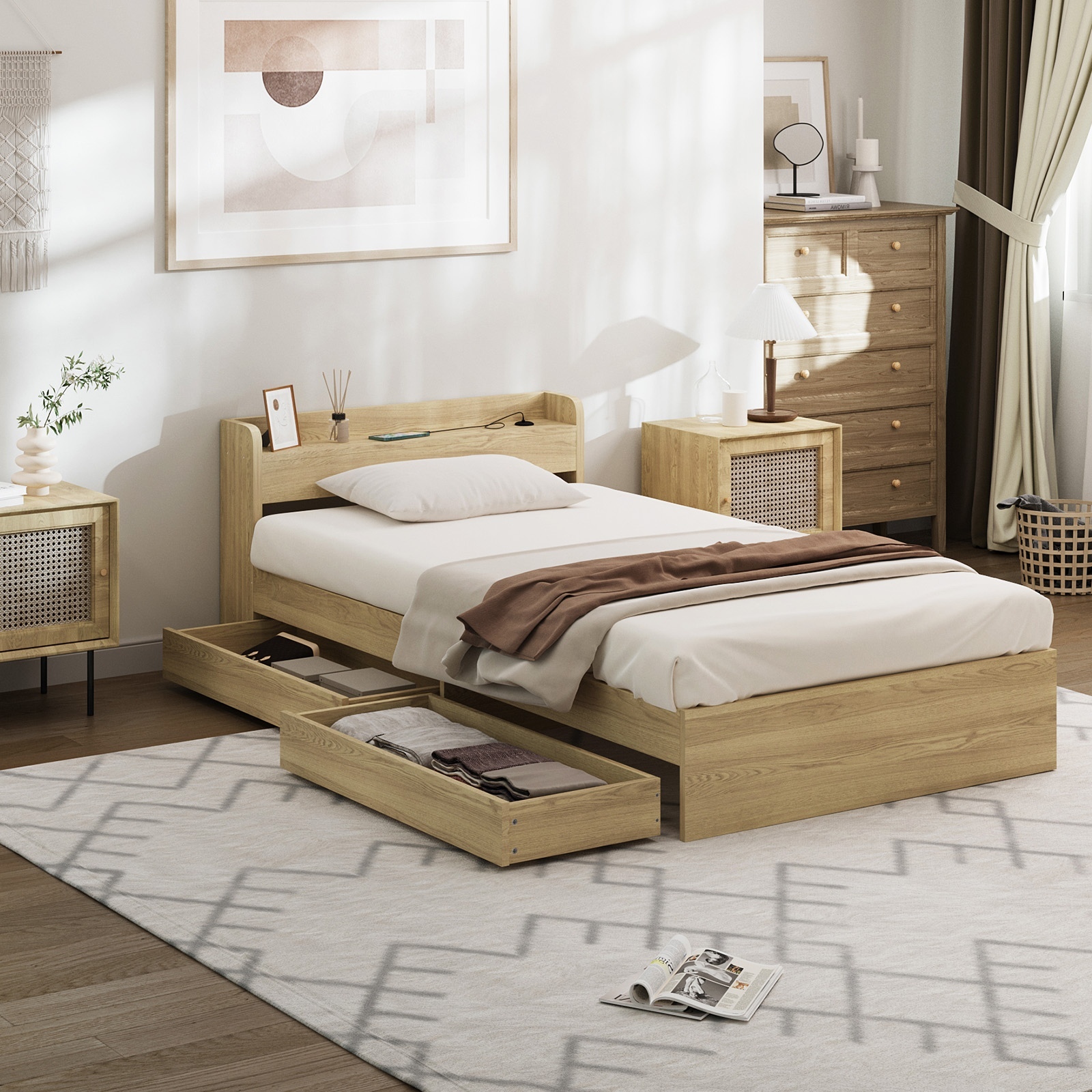 Oikiture Bed Frame Queen Double King Single Size with Charging Ports 2 Drawers - Picture 38 of 46