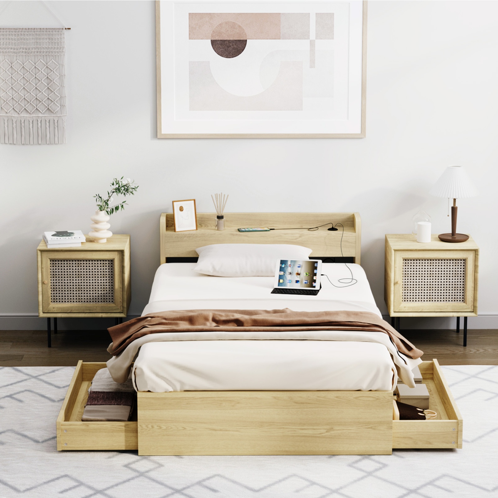 Oikiture Bed Frame Queen Double King Single Size with Charging Ports 2 Drawers - Picture 39 of 46