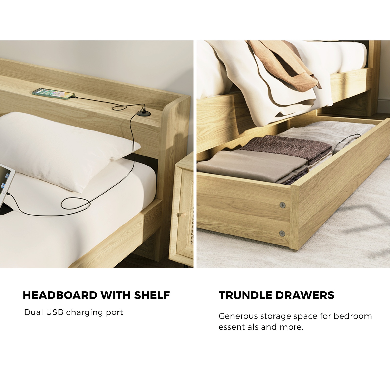 Oikiture Bed Frame Queen Double King Single Size with Charging Ports 2 Drawers - Picture 40 of 46