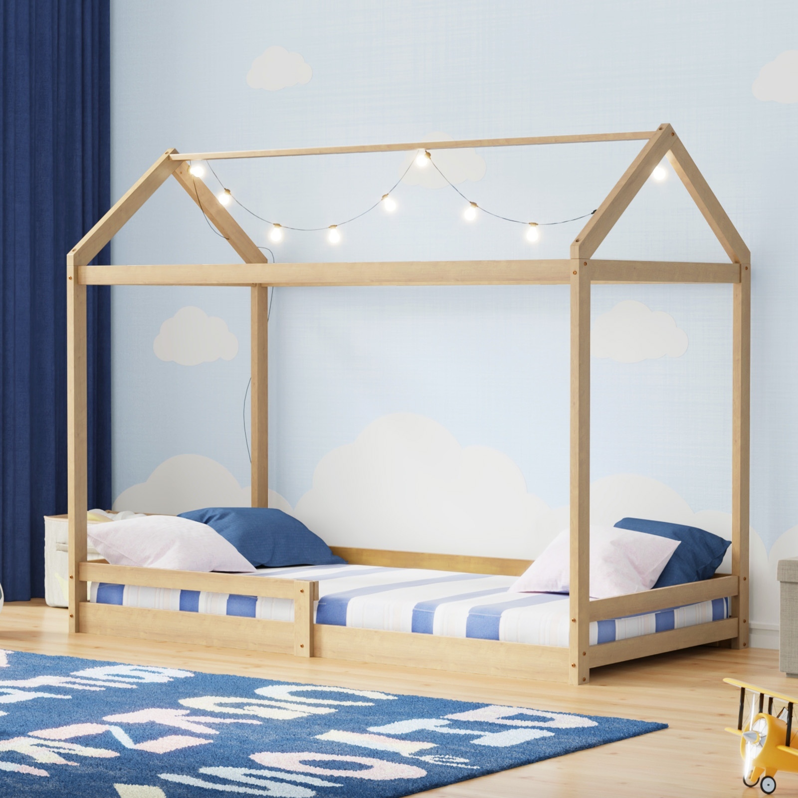 Oikiture Kids Wooden Bed Frame House Beds Base Timber Fence Single White Beige - Picture 9 of 20
