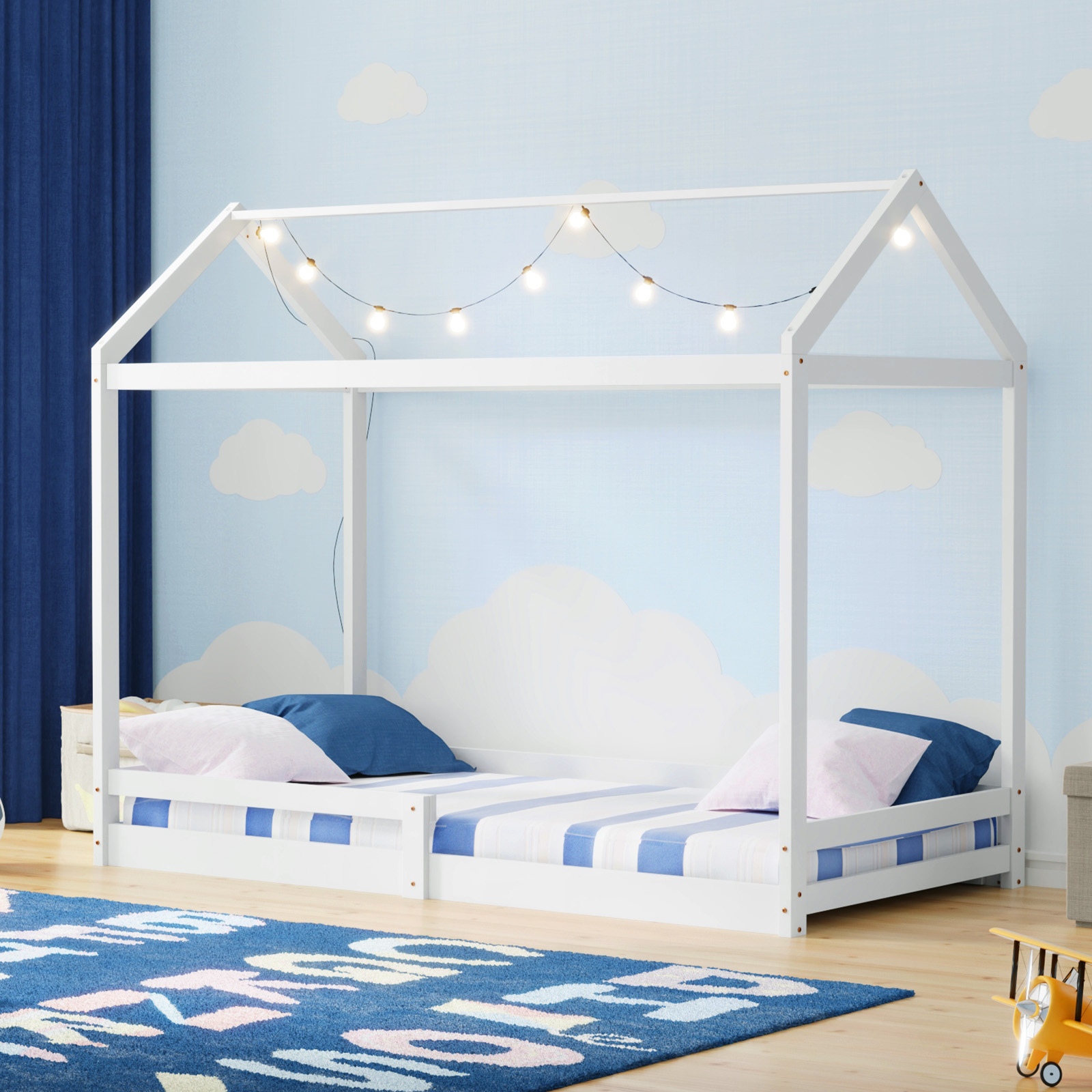 Oikiture Kids Wooden Bed Frame House Beds Base Timber Fence Single White Beige - Picture 15 of 20
