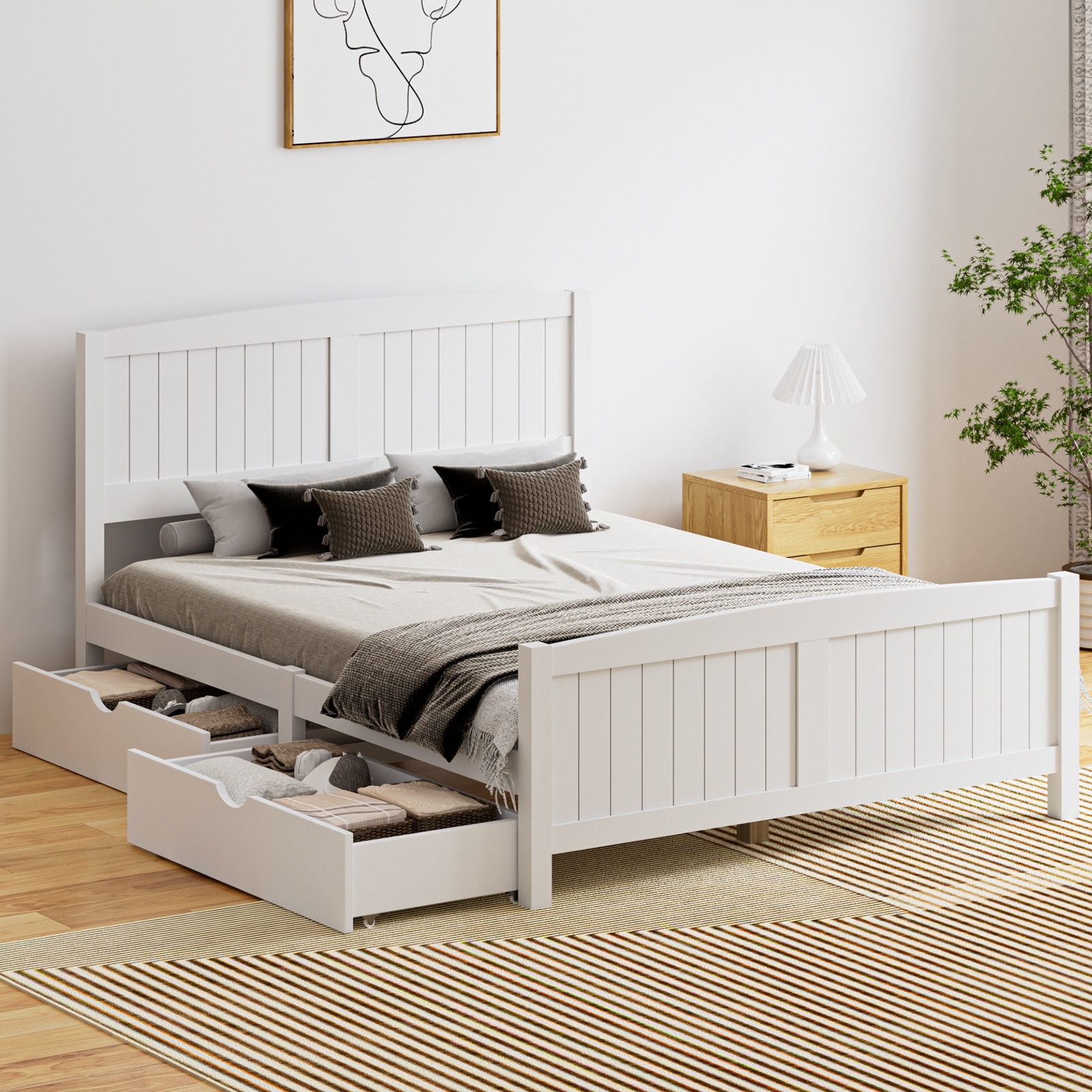 Oikiture Wooden Bed Frame Quenn Double King Single Base with Drawers White META - Picture 9 of 48