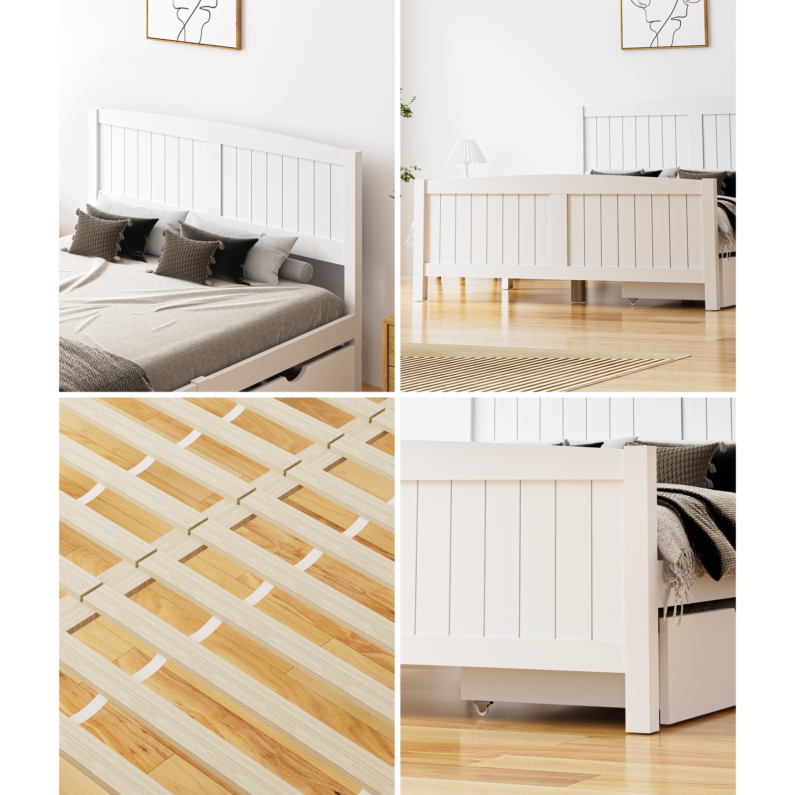 Oikiture Wooden Bed Frame Quenn Double King Single Base with Drawers White META - Picture 12 of 48