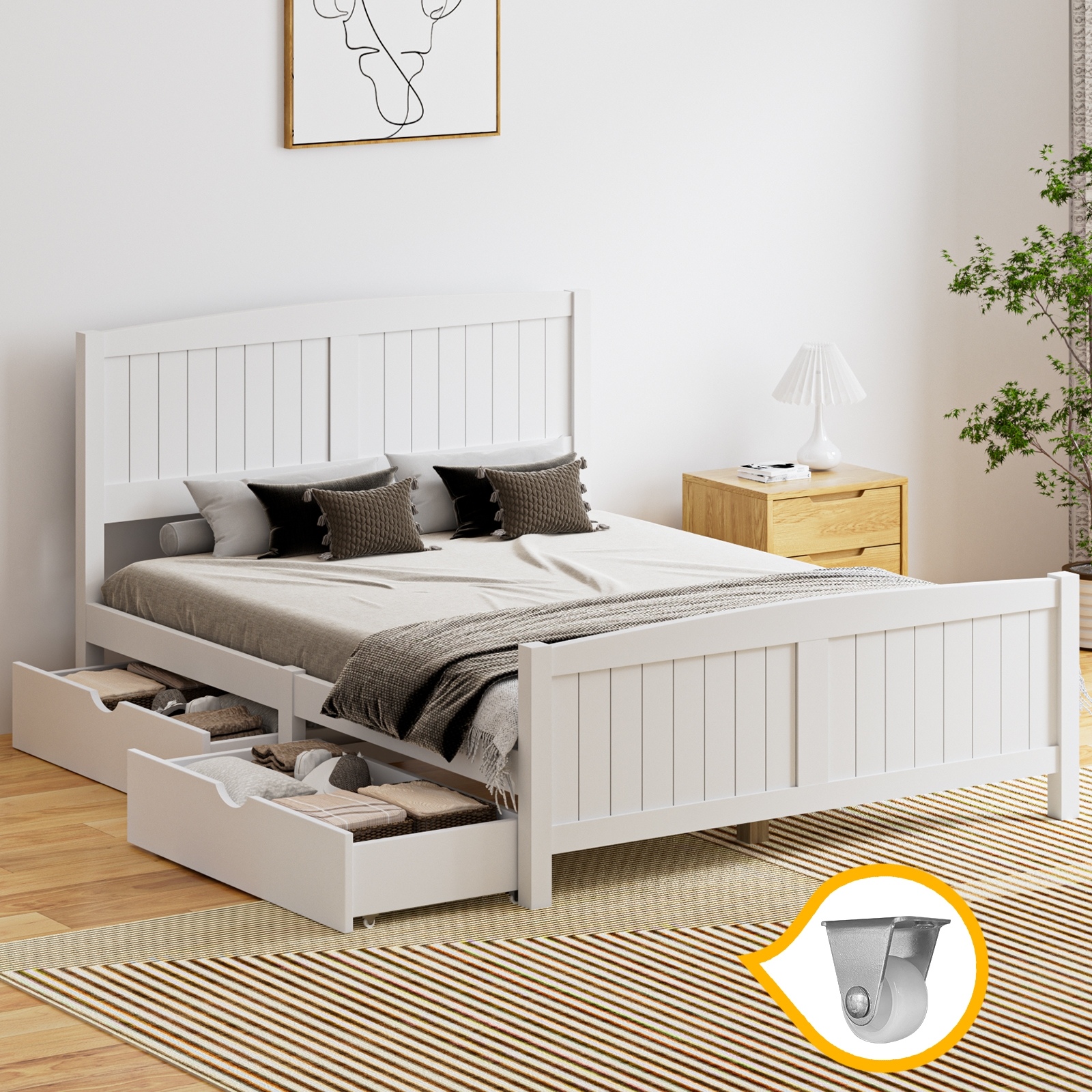 Oikiture Wooden Bed Frame Quenn Double King Single Base with Drawers White META - Picture 16 of 48