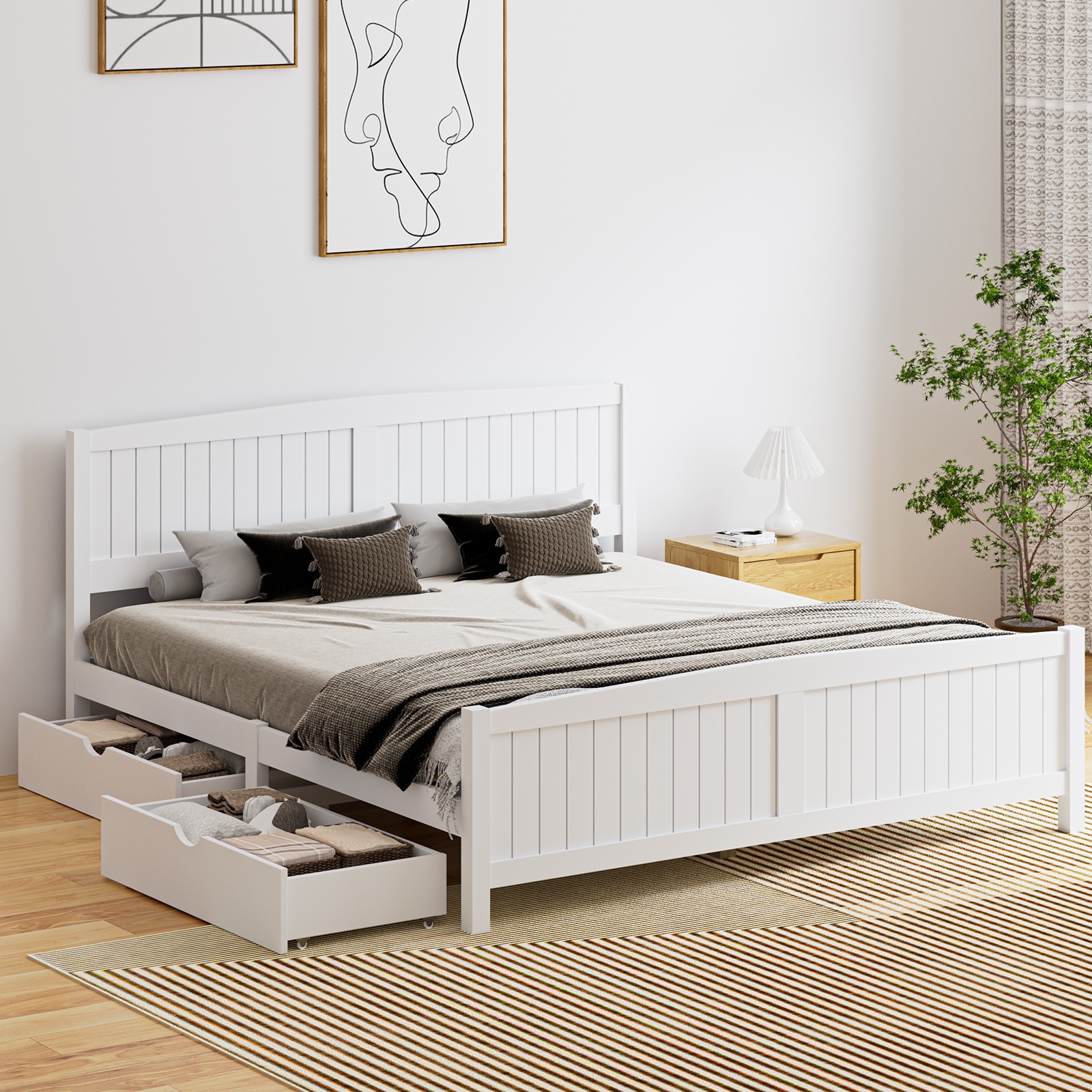 Oikiture Wooden Bed Frame Quenn Double King Single Base with Drawers White META - Picture 17 of 48