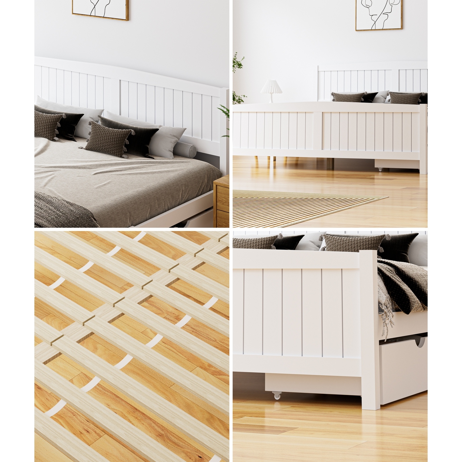 Oikiture Wooden Bed Frame Quenn Double King Single Base with Drawers White META - Picture 20 of 48