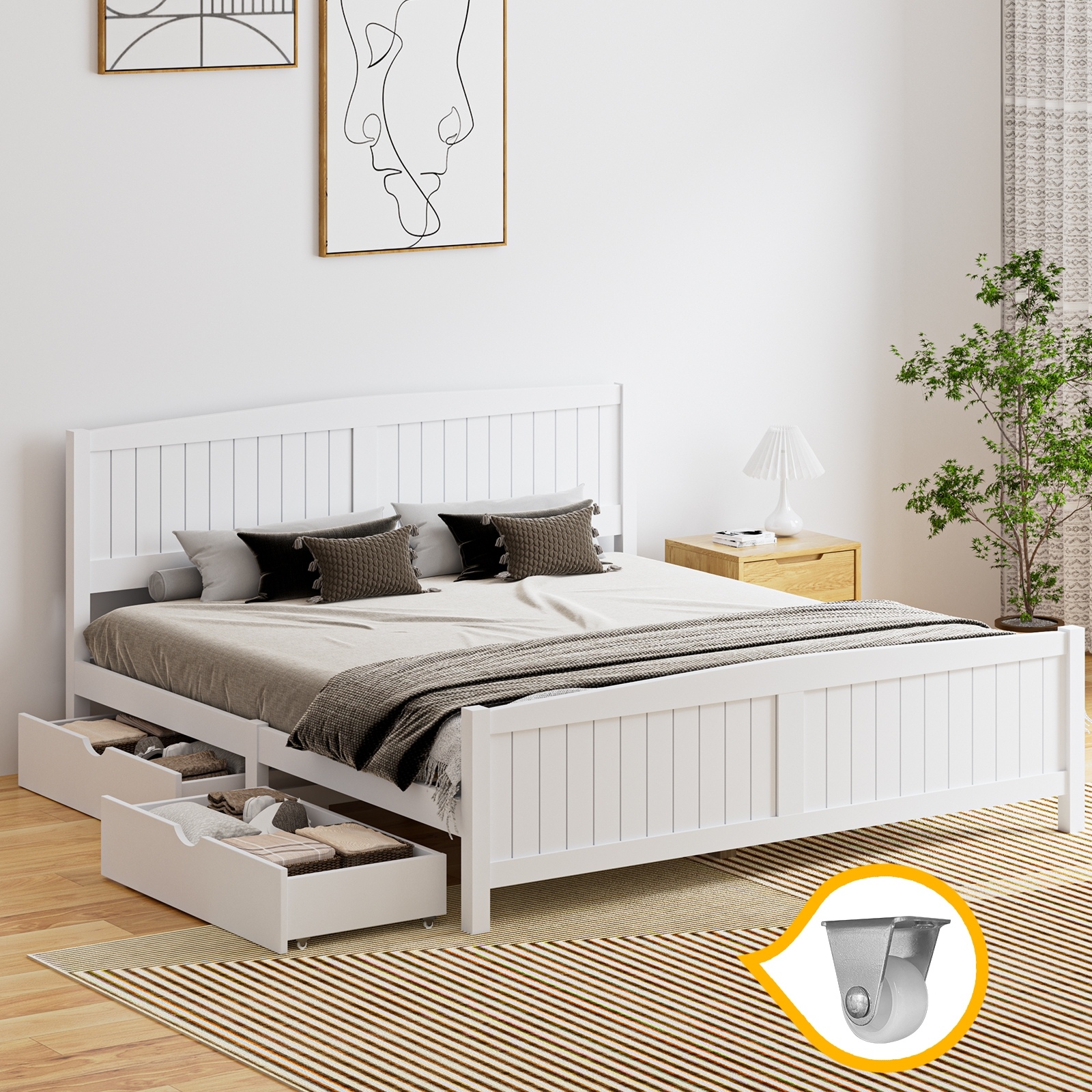 Oikiture Wooden Bed Frame Quenn Double King Single Base with Drawers White META - Picture 24 of 48