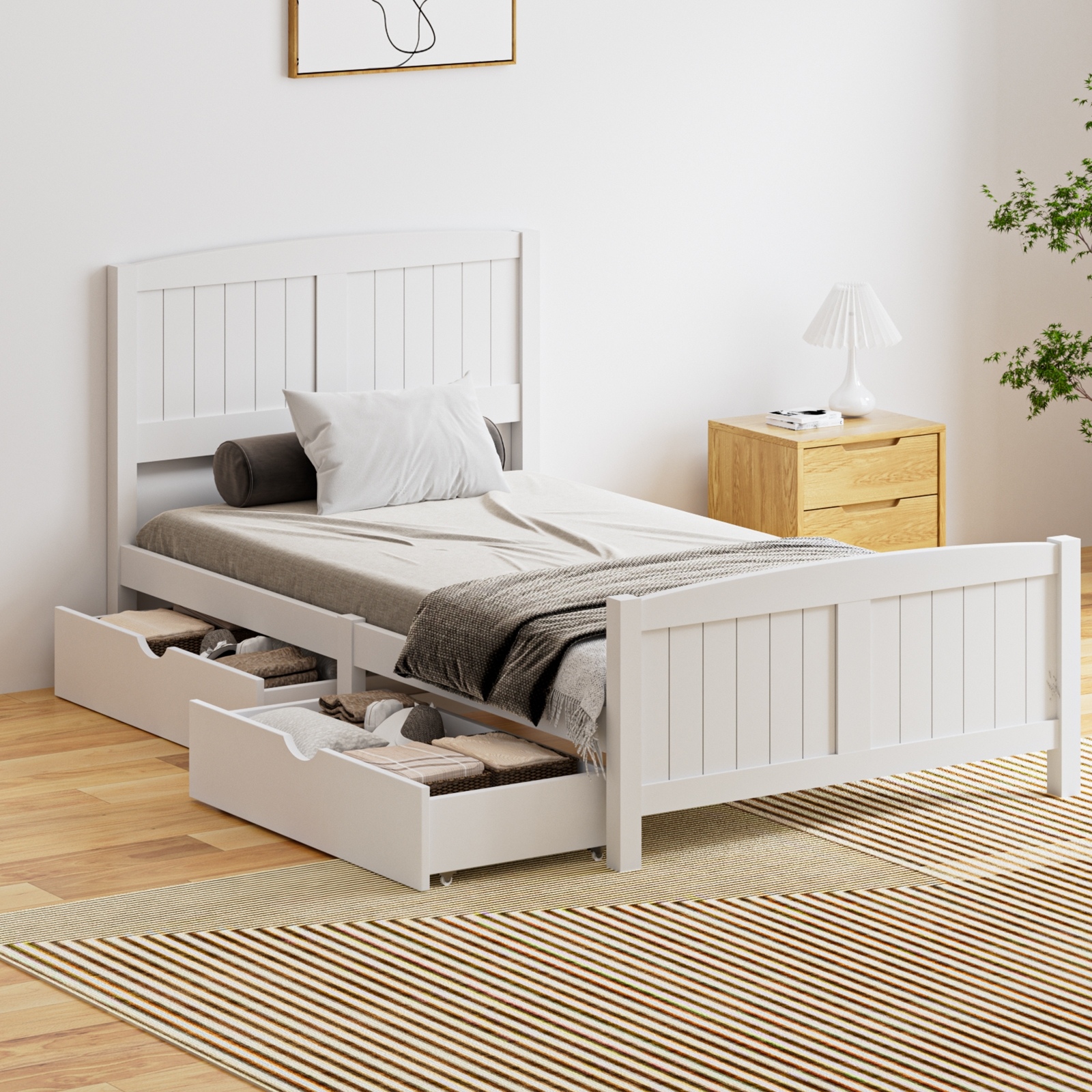 Oikiture Wooden Bed Frame Quenn Double King Single Base with Drawers White META - Picture 25 of 48